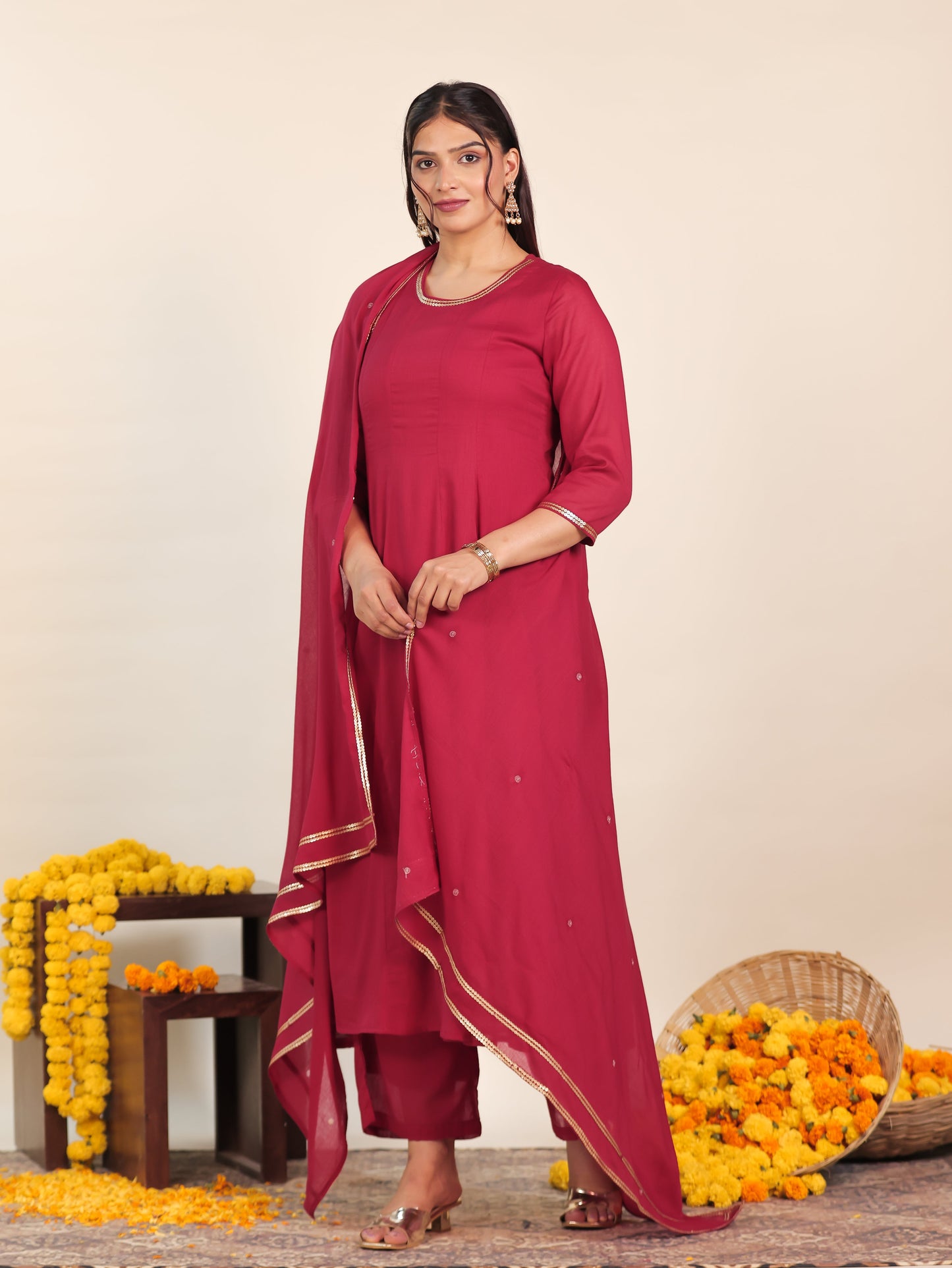 Embroidered Cotton Voile Solid Maroon Dupatta