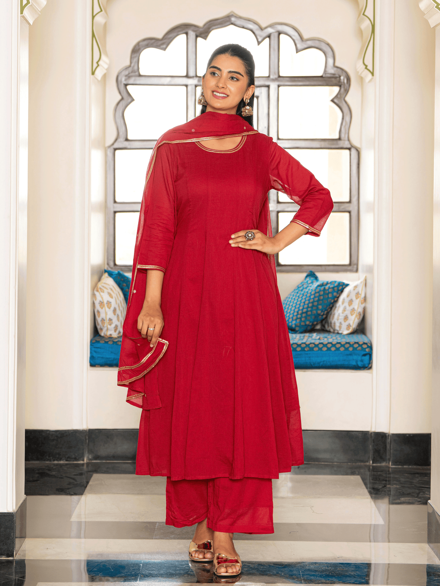 Embroidered Cotton Voile Solid Anarkali Maroon Kurta
