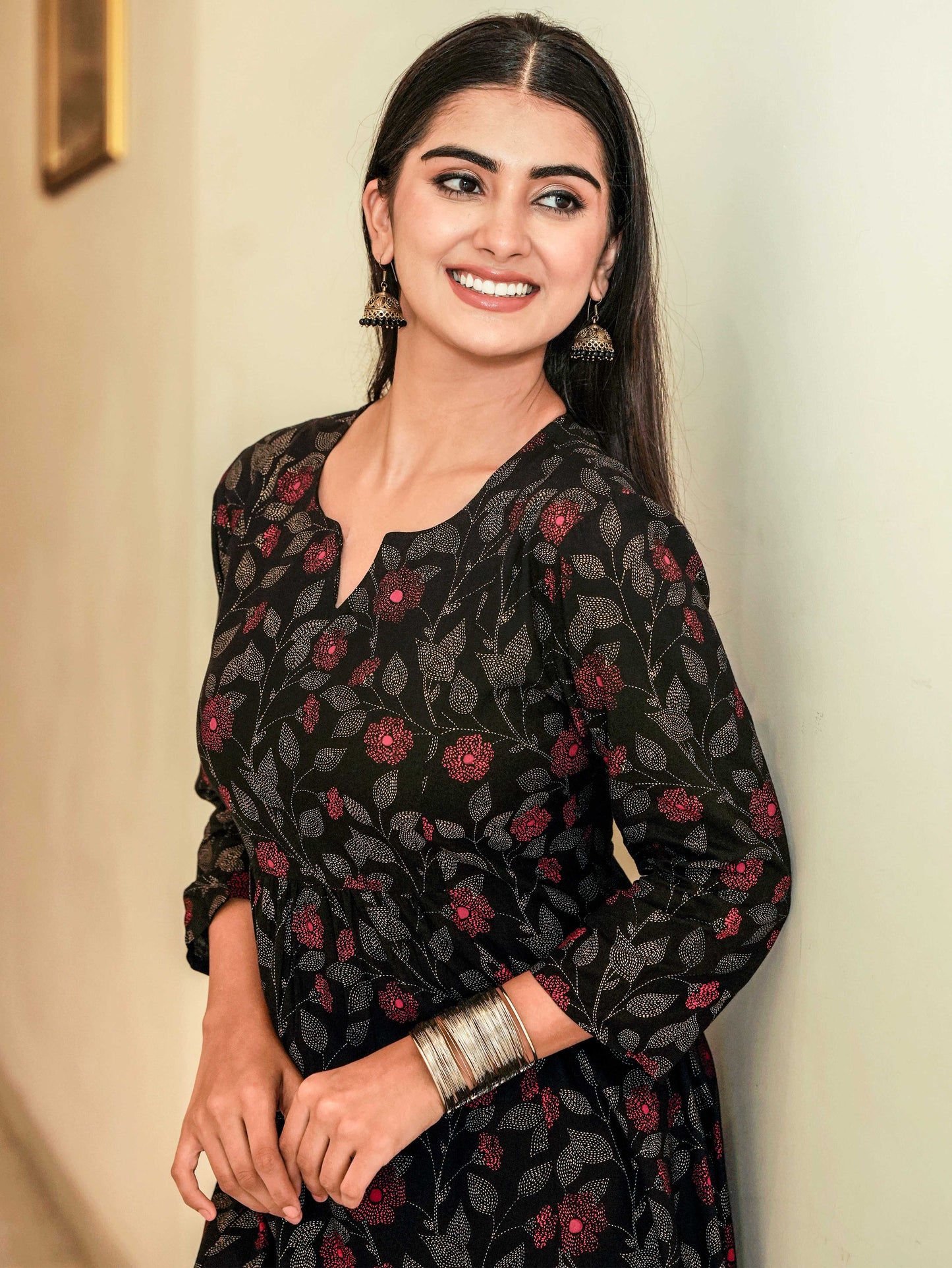 Viscose Floral Flared Black Kurta