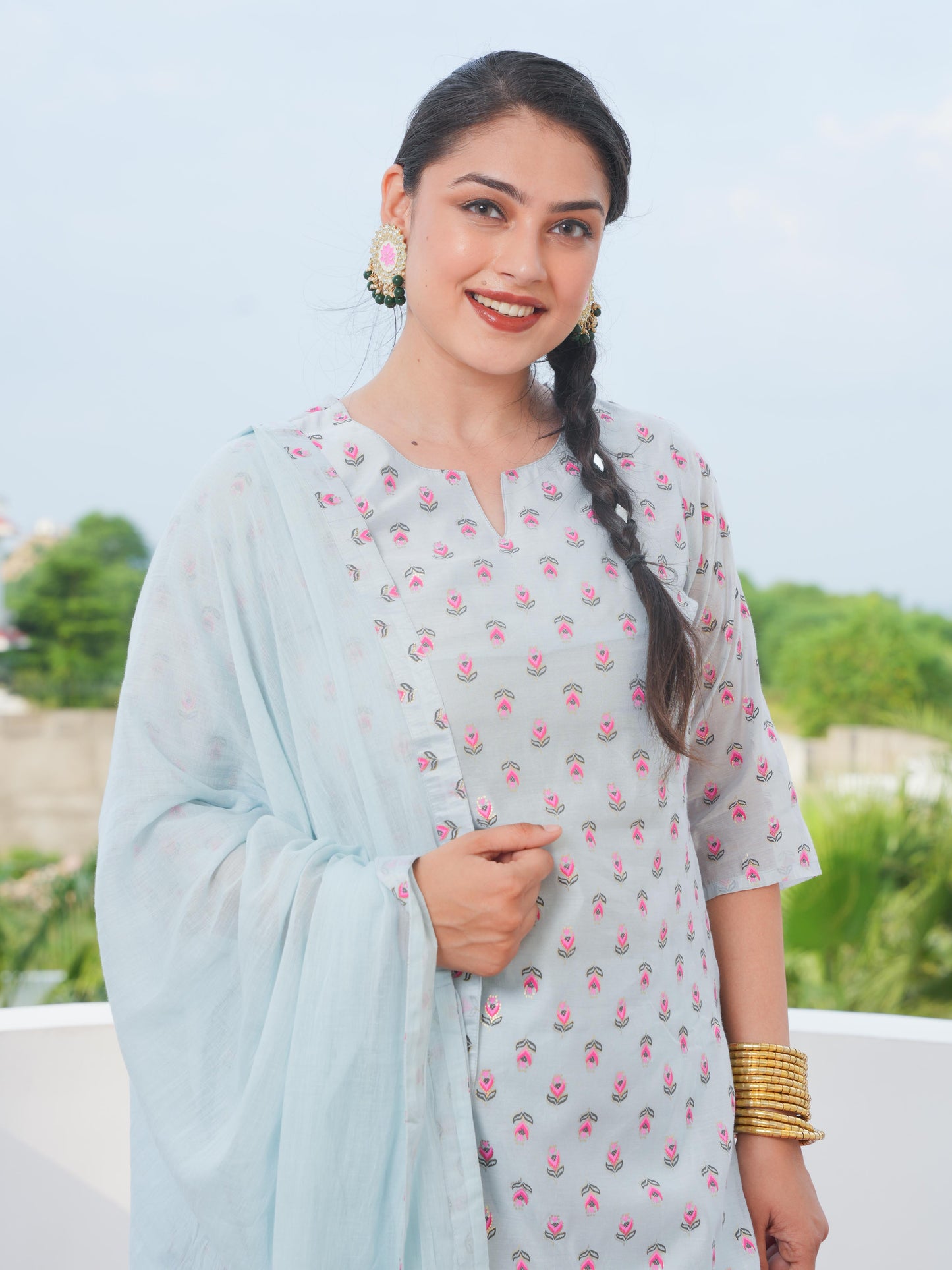 Chanderi Floral Straight Blue Kurta