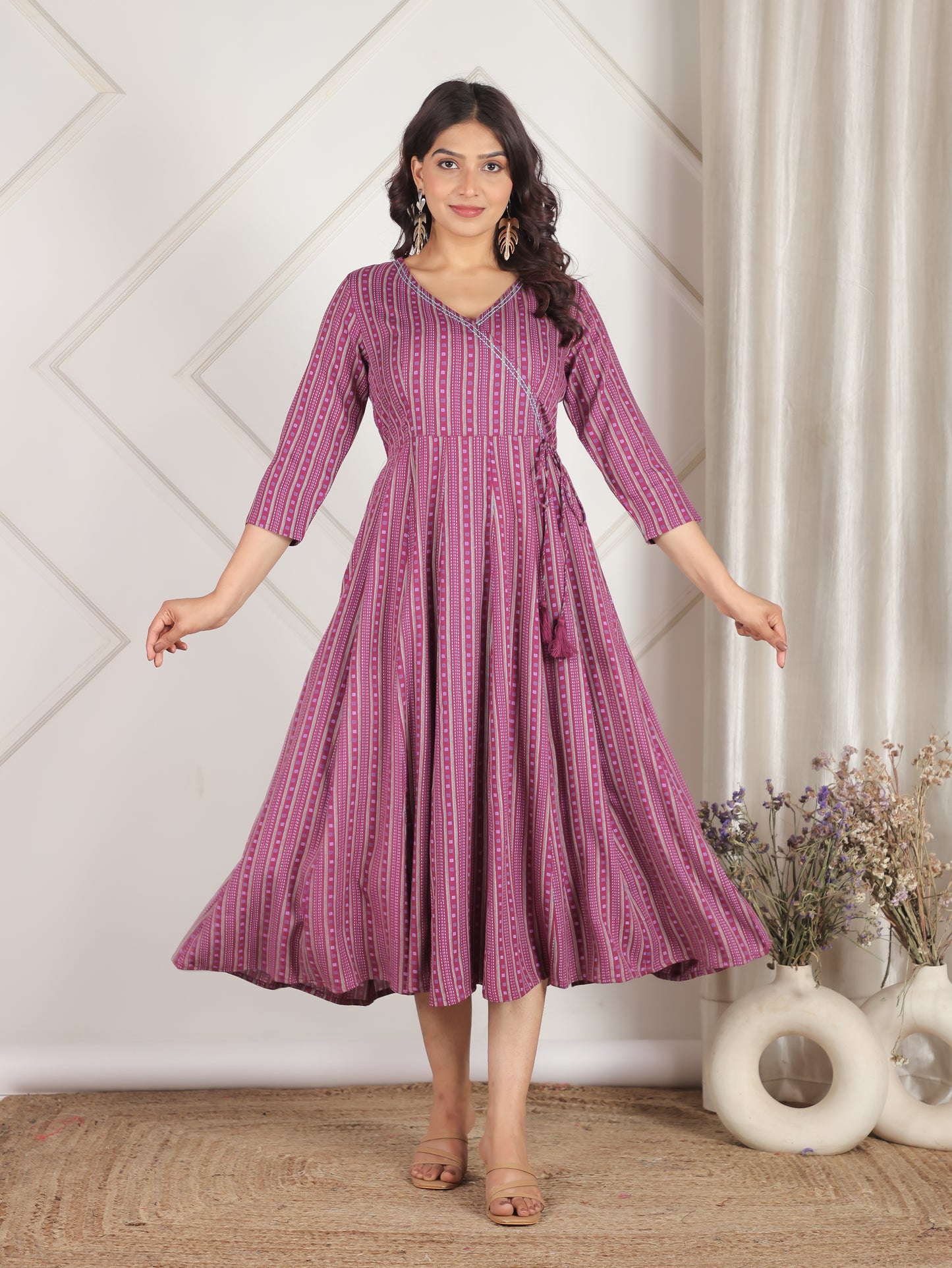 Embroidered Viscose Striped Angrakha Purple Dress