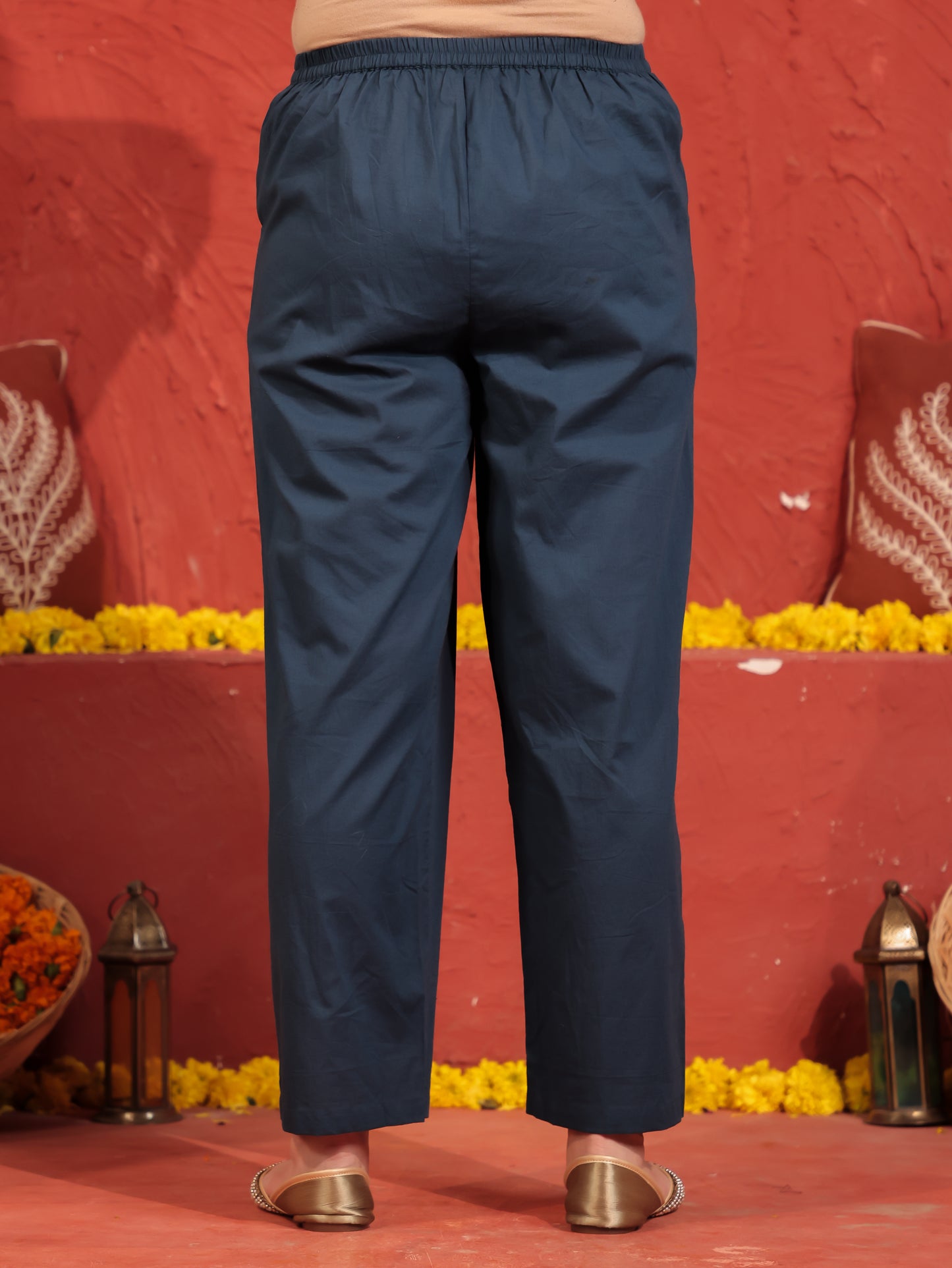 Soft Cotton Solid Blue Straight Trousers