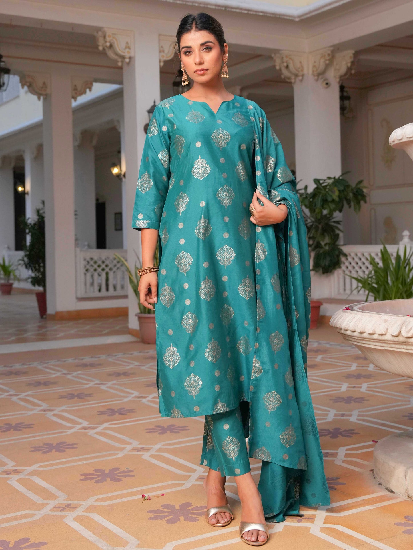 Blended Silk Gold foil Straight Teal Kurta