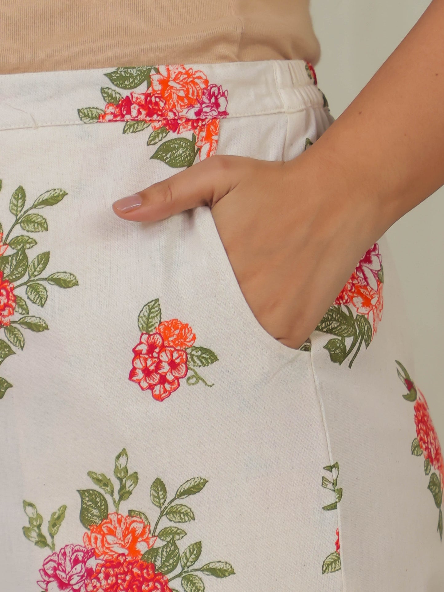 Linen Cotton Floral Off White Straight Trousers