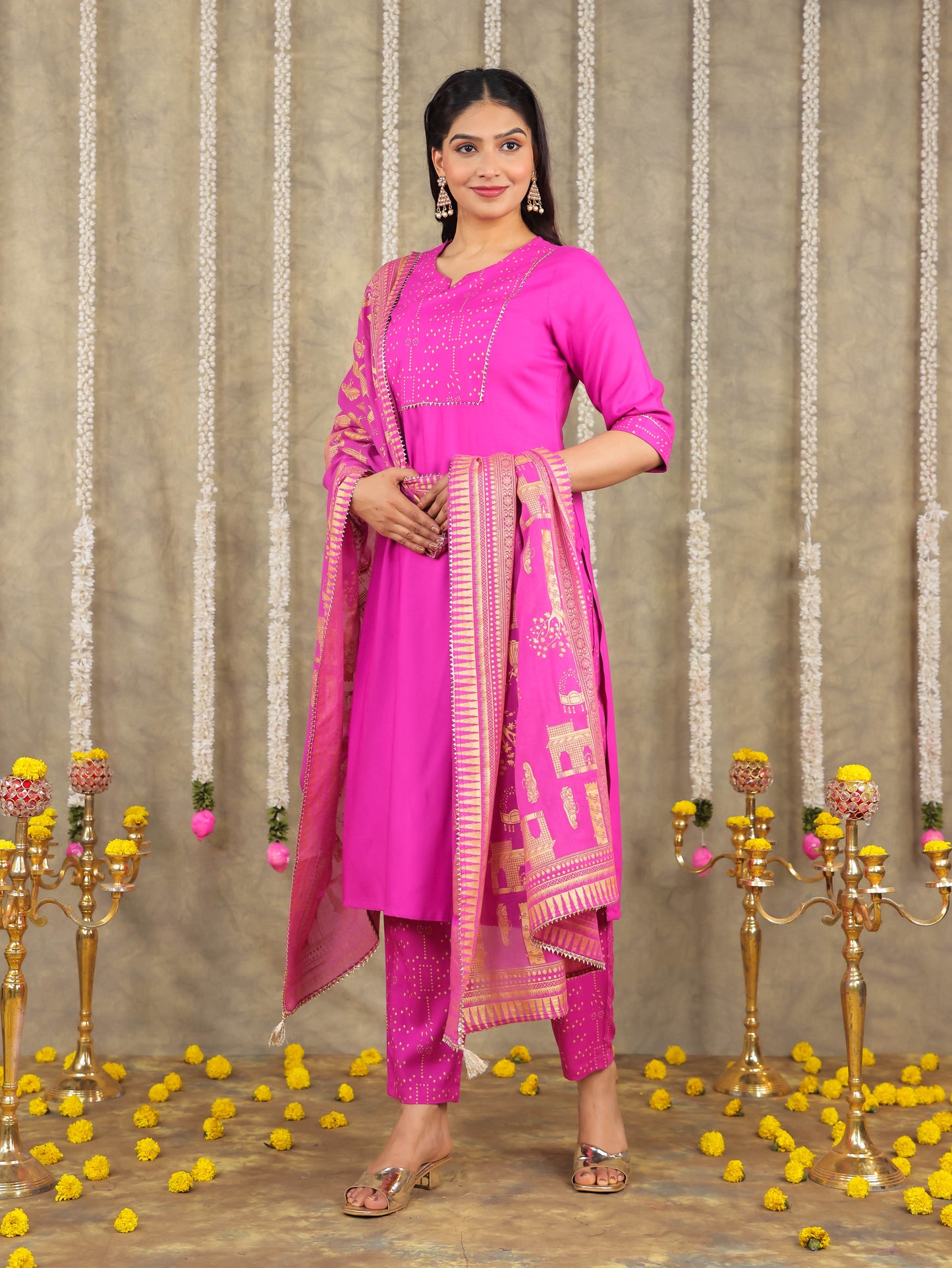 Cotton Voile Gold foil Pink Dupatta