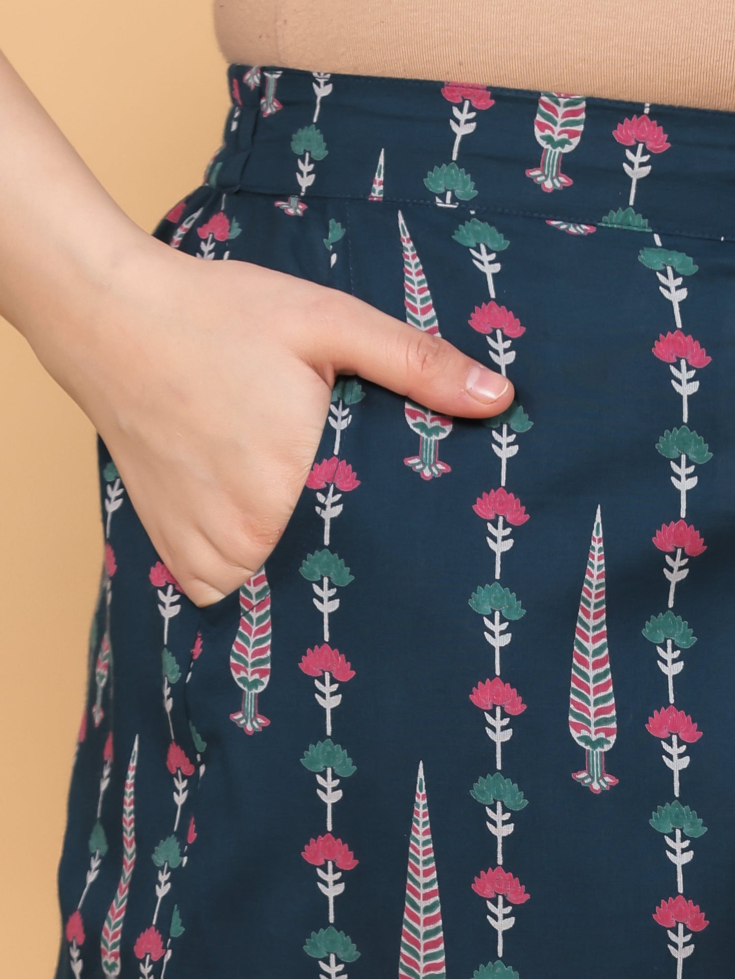 Soft Cotton Floral Teal Trousers Straight Trousers