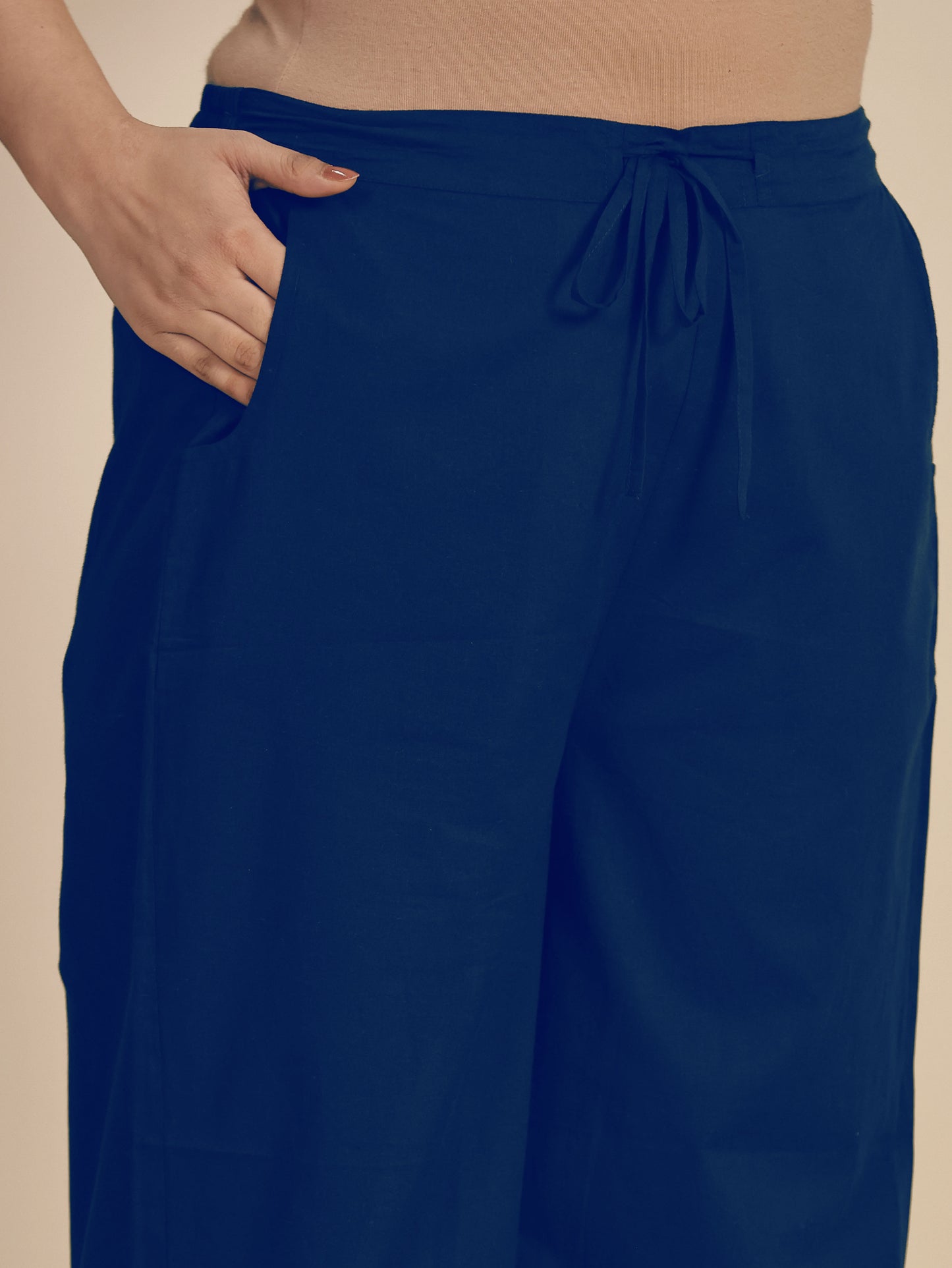 Soft Cotton Solid Blue Straight Trousers