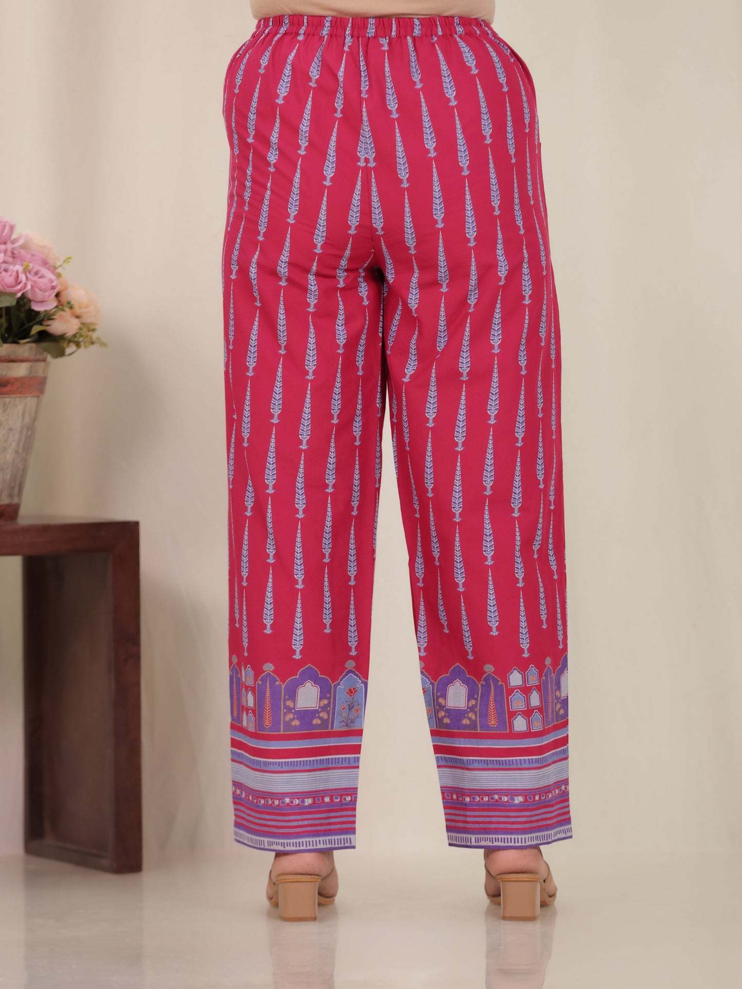 Soft Cotton Floral Pink Straight Straight Trousers