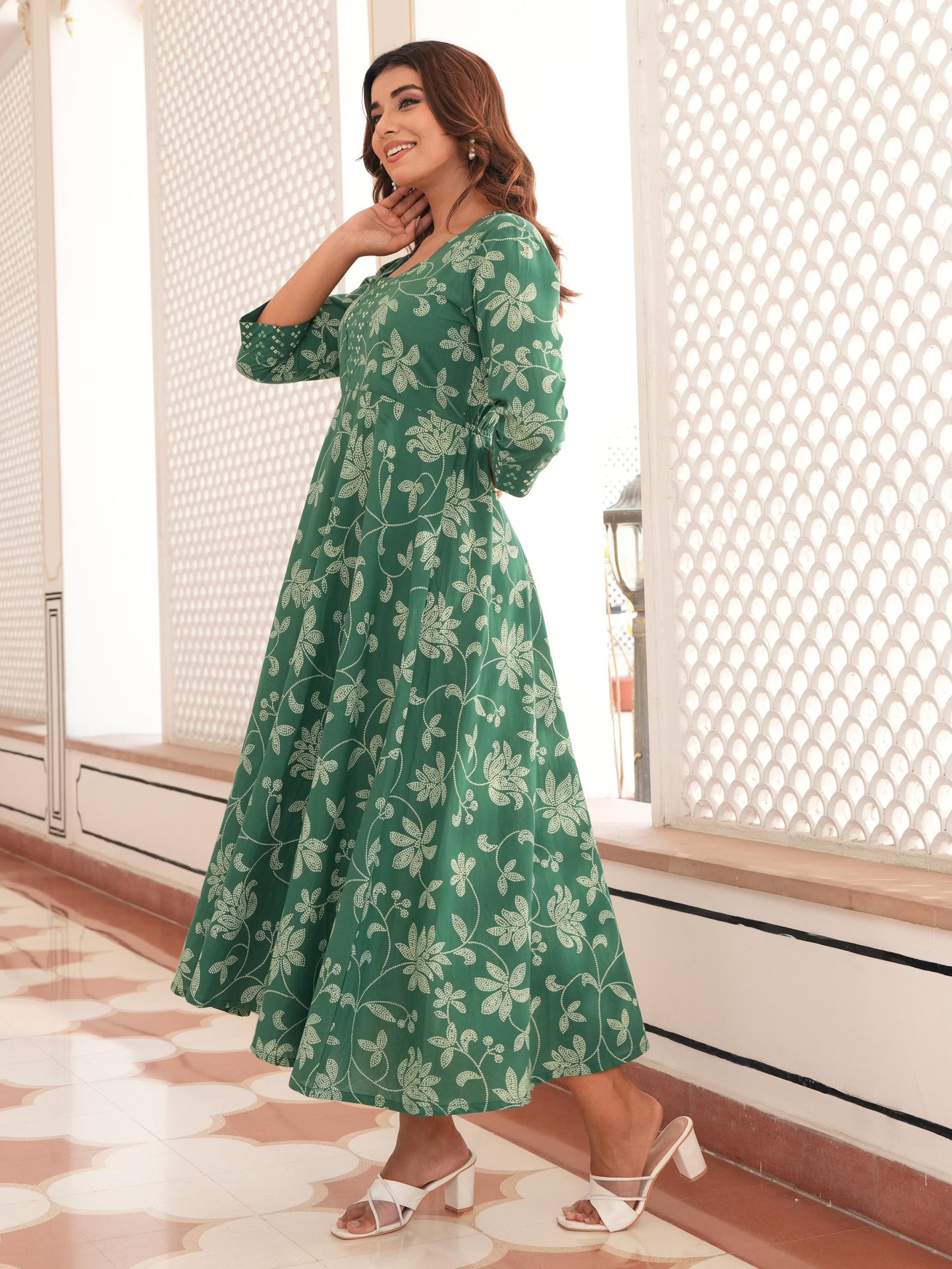 Soft Cotton Bandhani Anarkali Green Dress