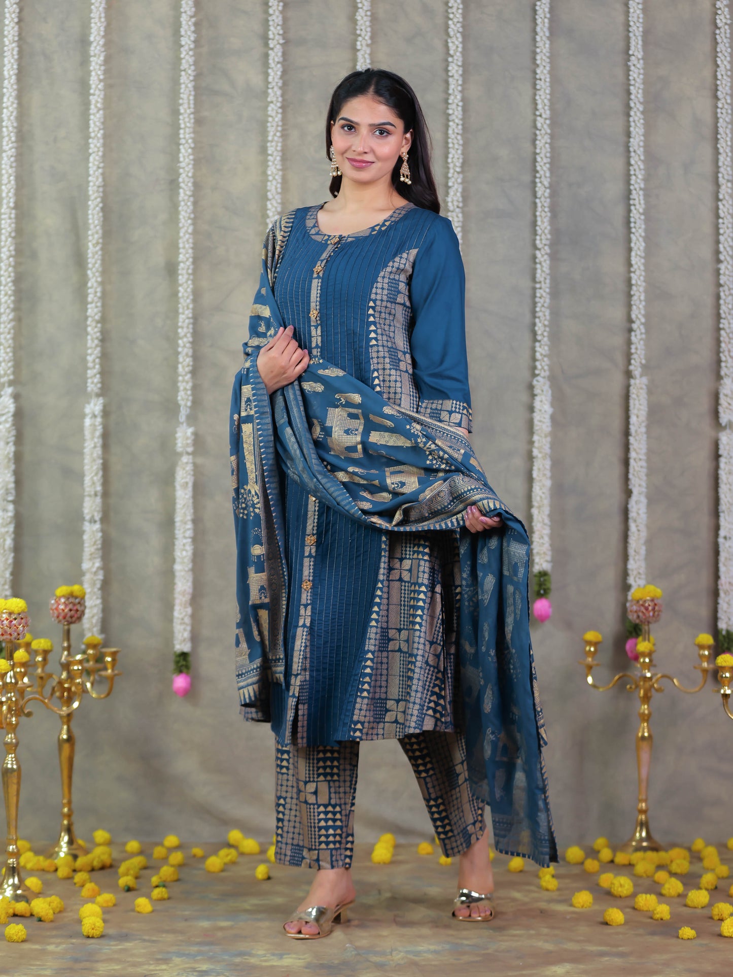 Cotton Voile Gold foil Blue Dupatta