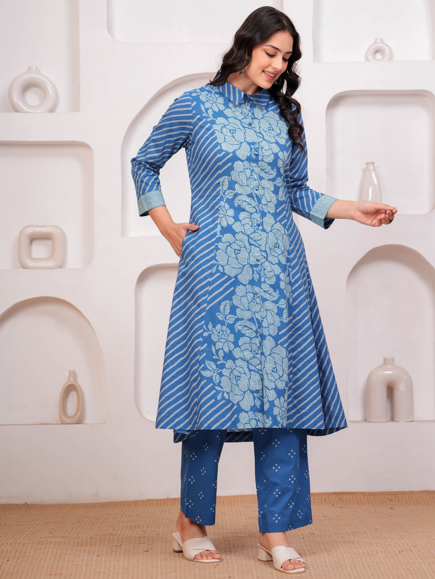 Soft Cotton Bandhani High Low Blue Kurta