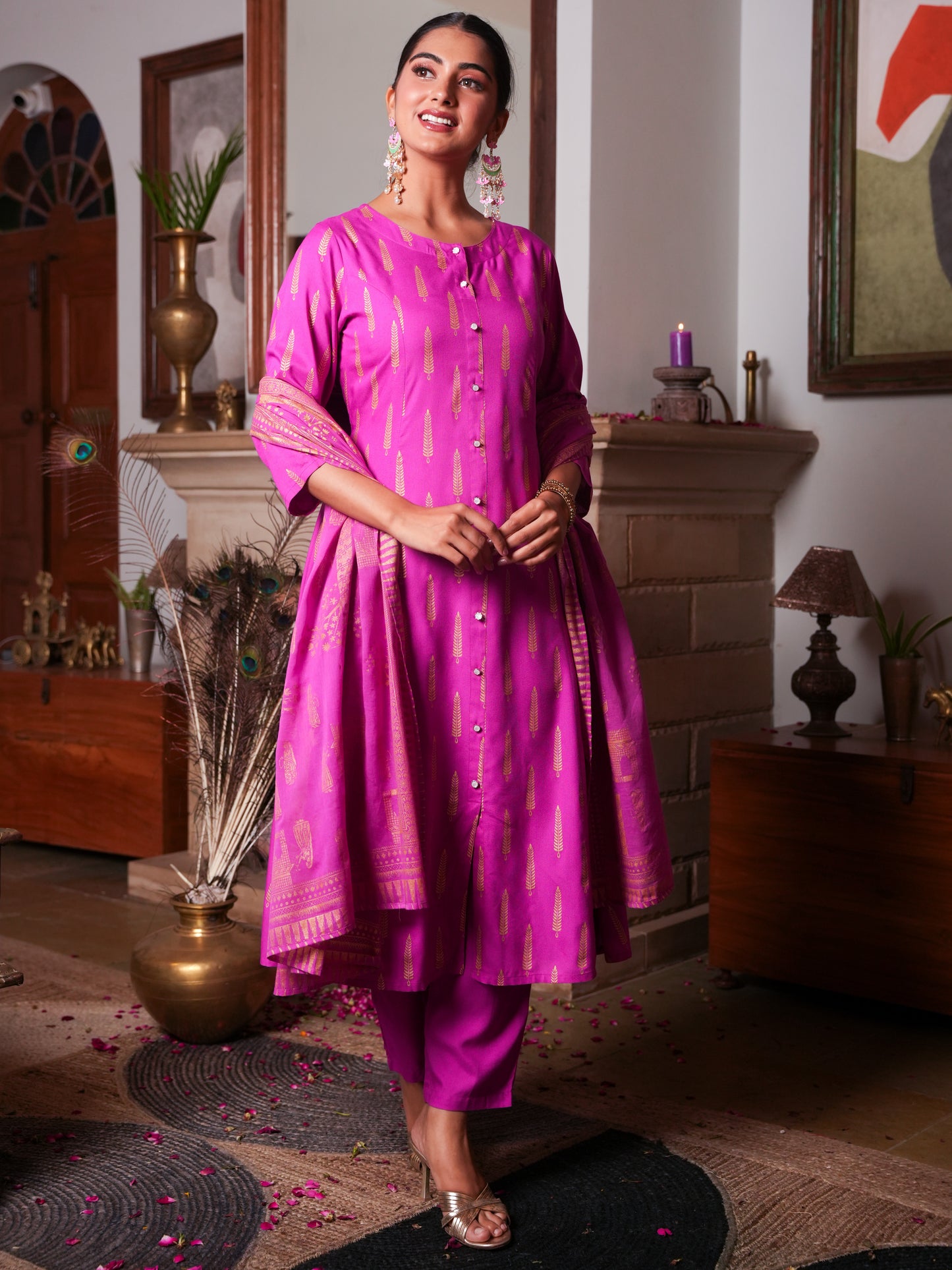 Cotton Voile Gold foil Pink Dupatta