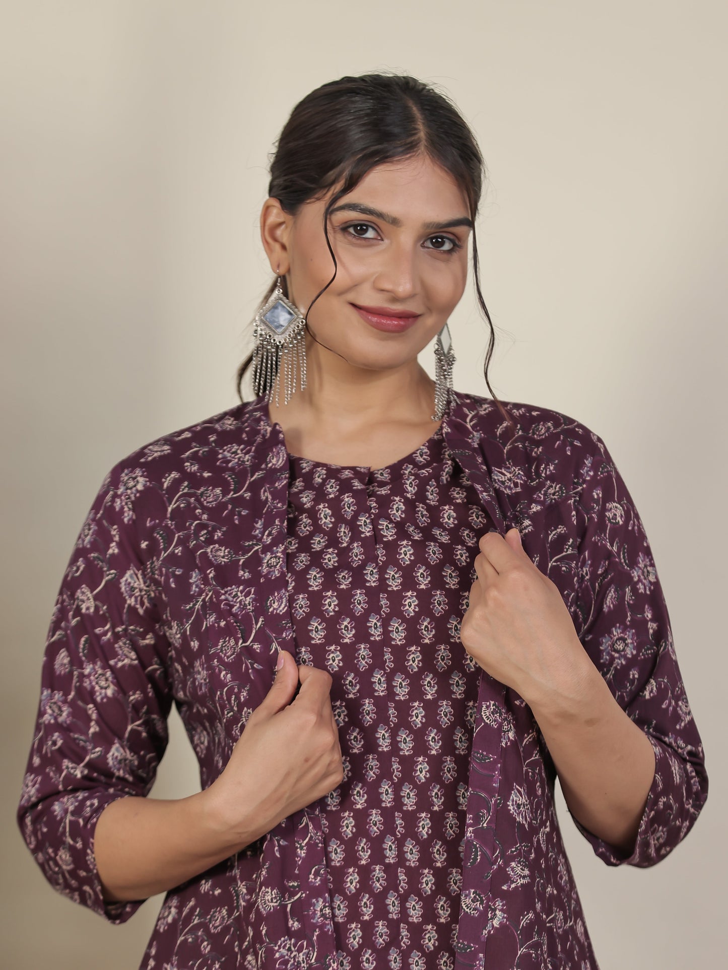 Soft Cotton Floral A-line Wine Jacket