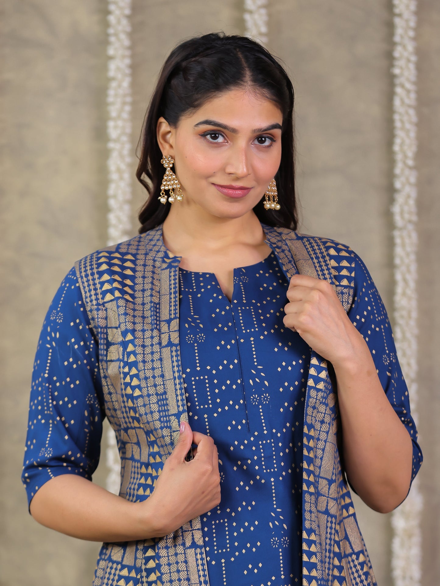 Viscose Gold foil A-line Blue Kurta