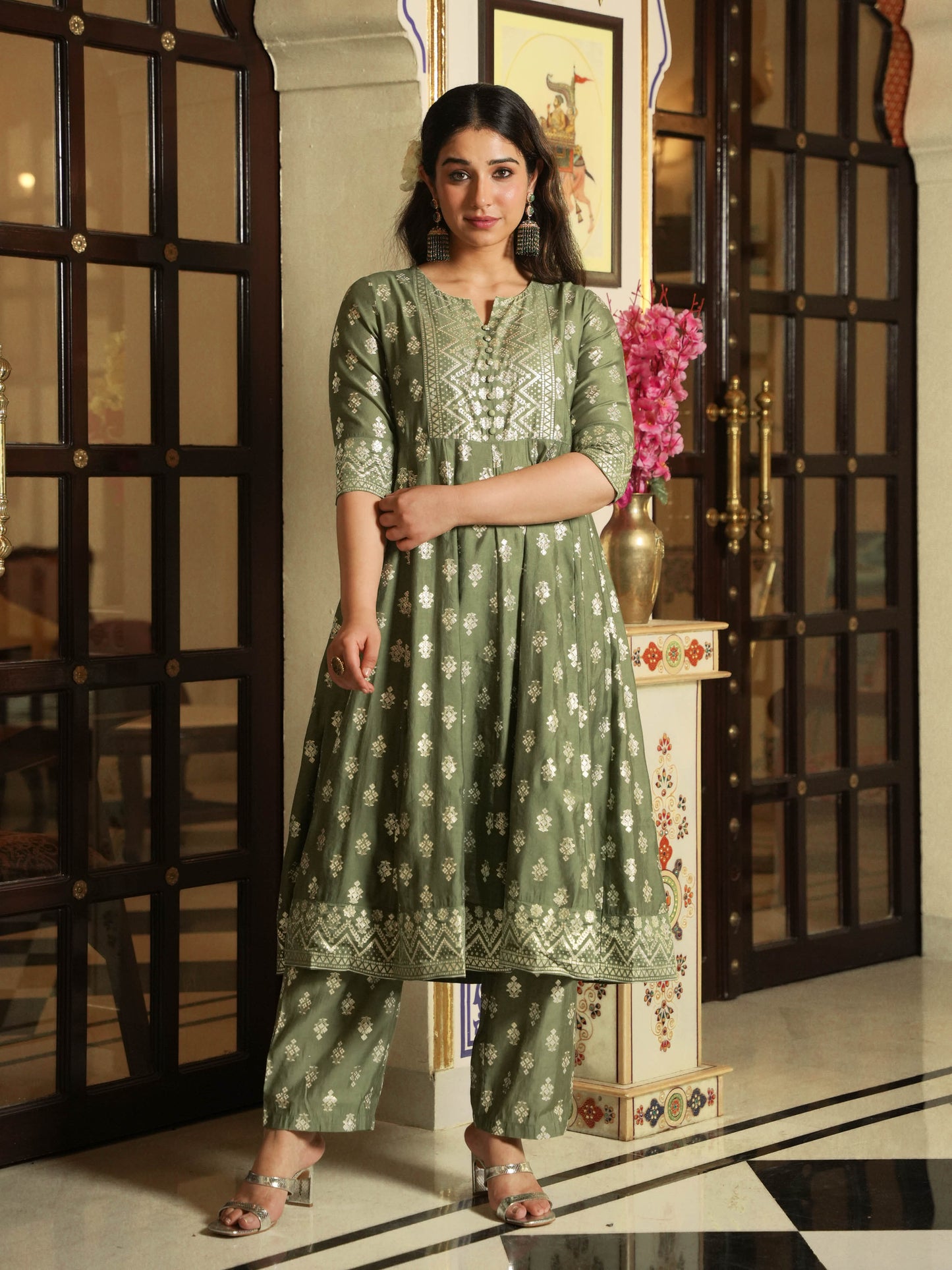 Chanderi Gold foil Anarkali Green Kurta