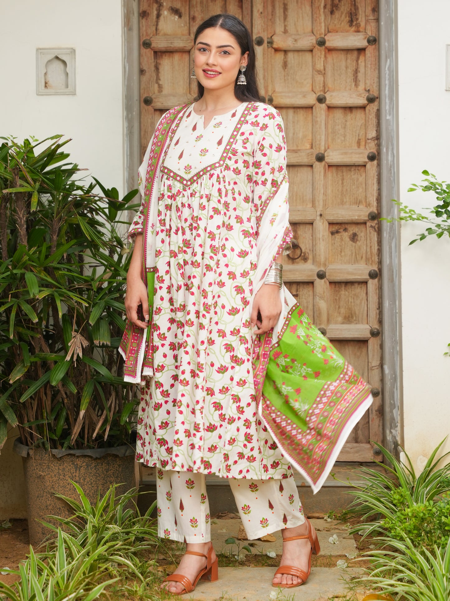 Soft Cotton Floral Flared Off White Kurta