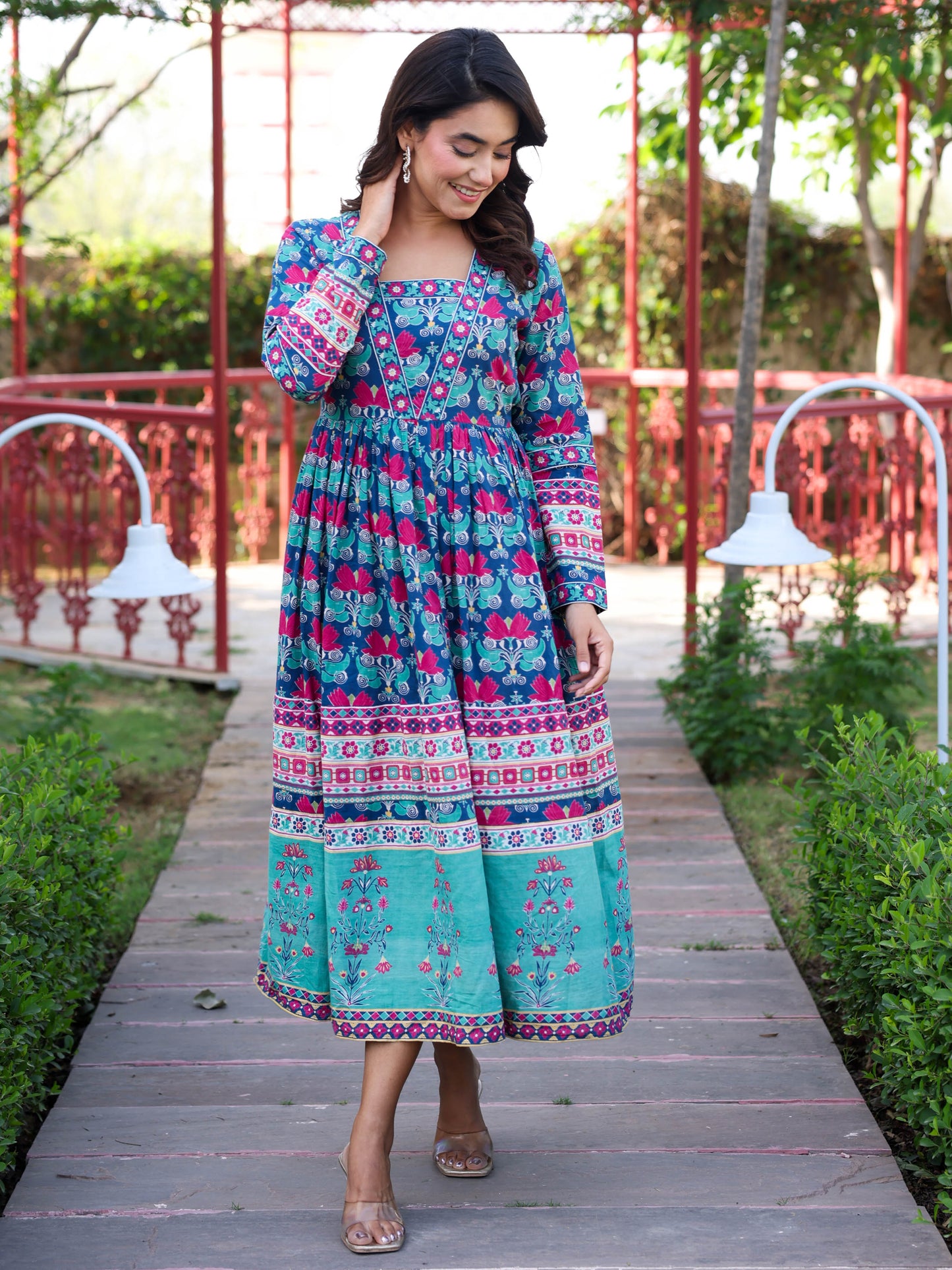 Soft Cotton Floral Anarkali Blue Dress