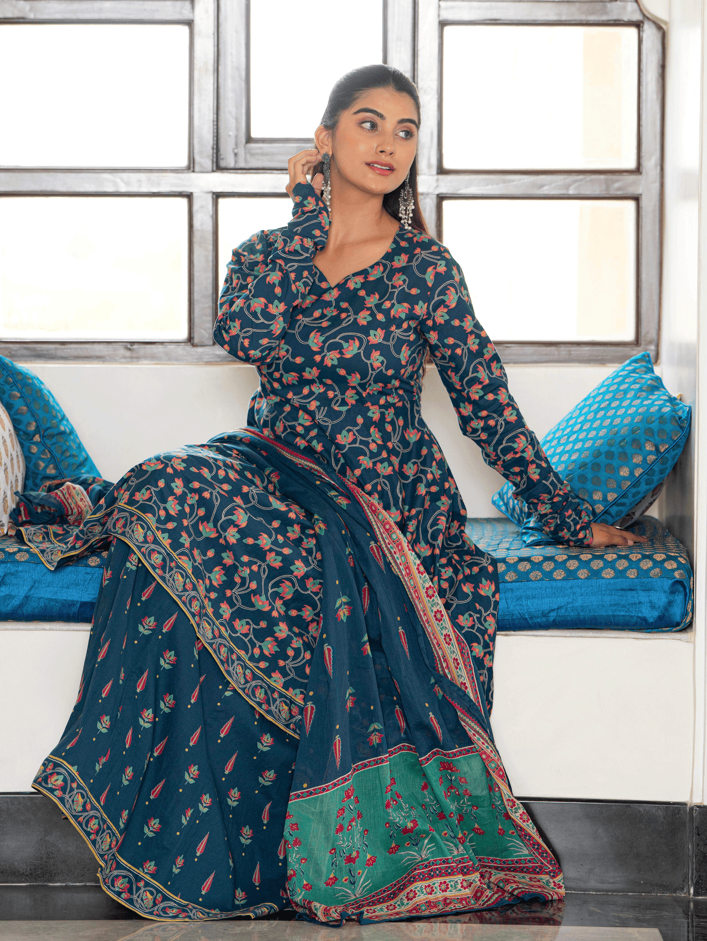 Cotton Voile Floral Blue Dupatta