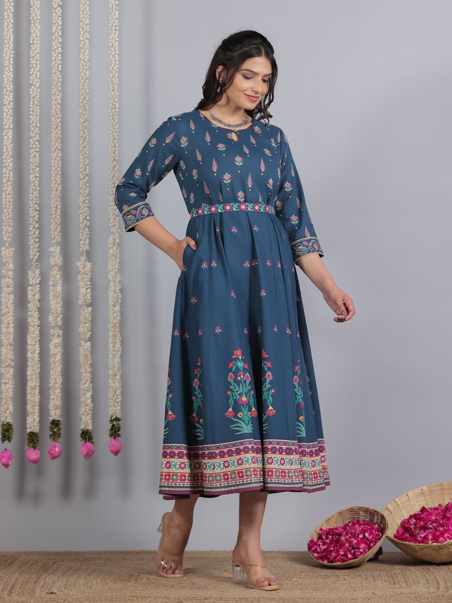 Embroidered Soft Cotton Floral Anarkali Blue Dress