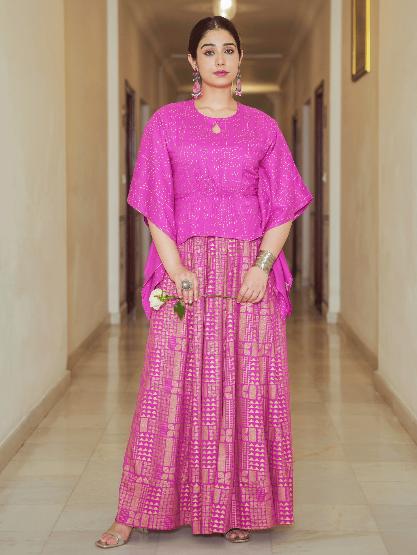 Viscose Gold foil Asymmetric Kaftan Pink Top