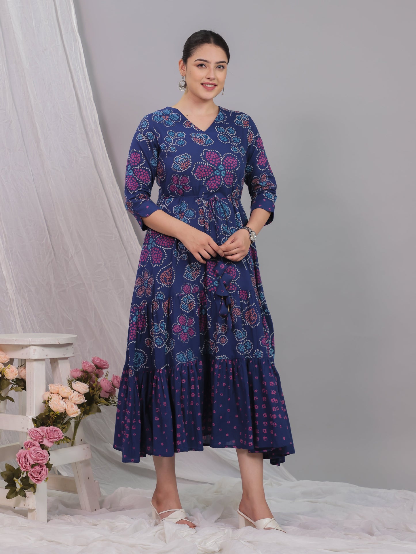 Soft Cotton Bandhani Anarkali Blue Dress