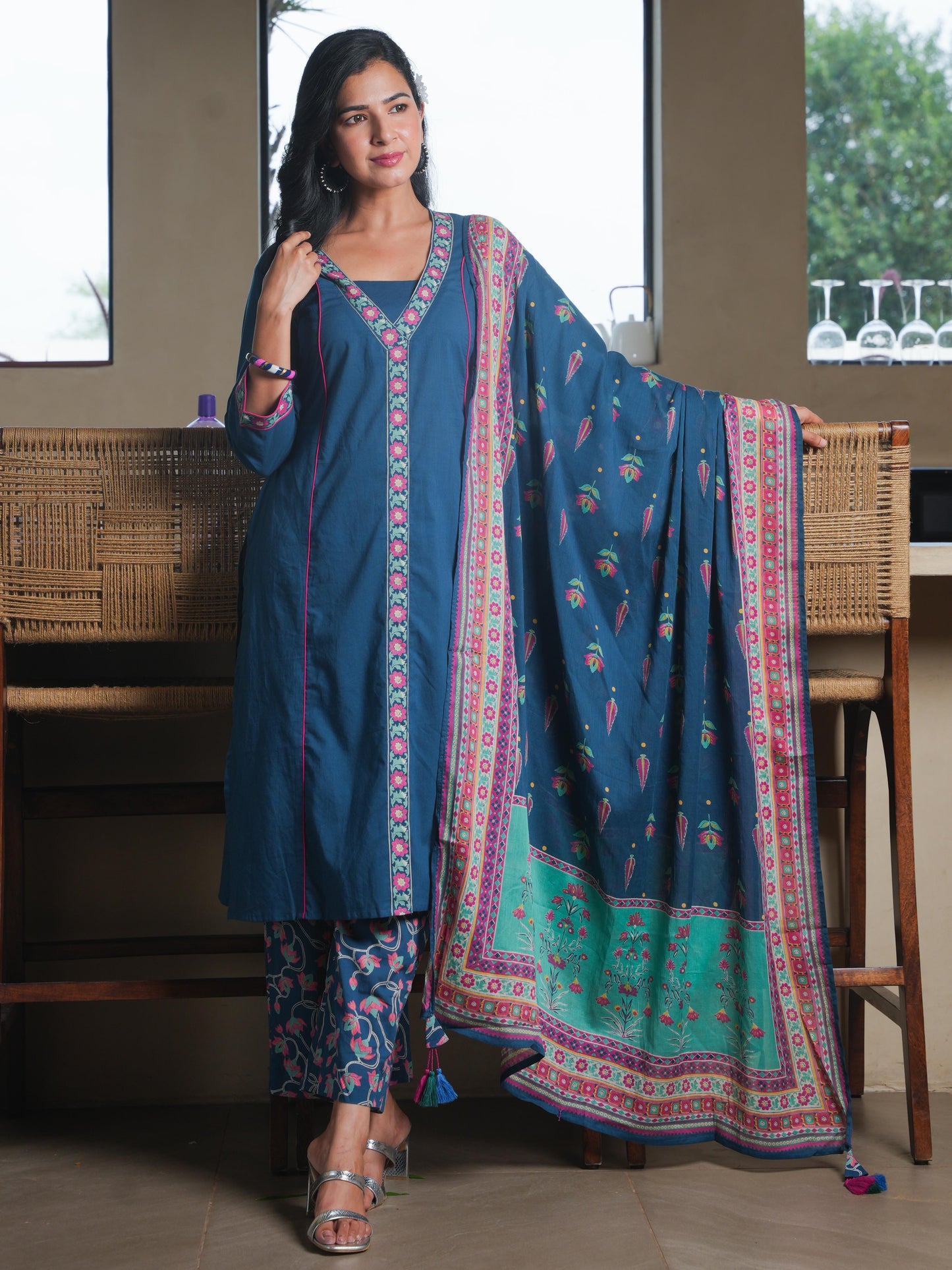Cotton Voile Floral Teal Dupatta