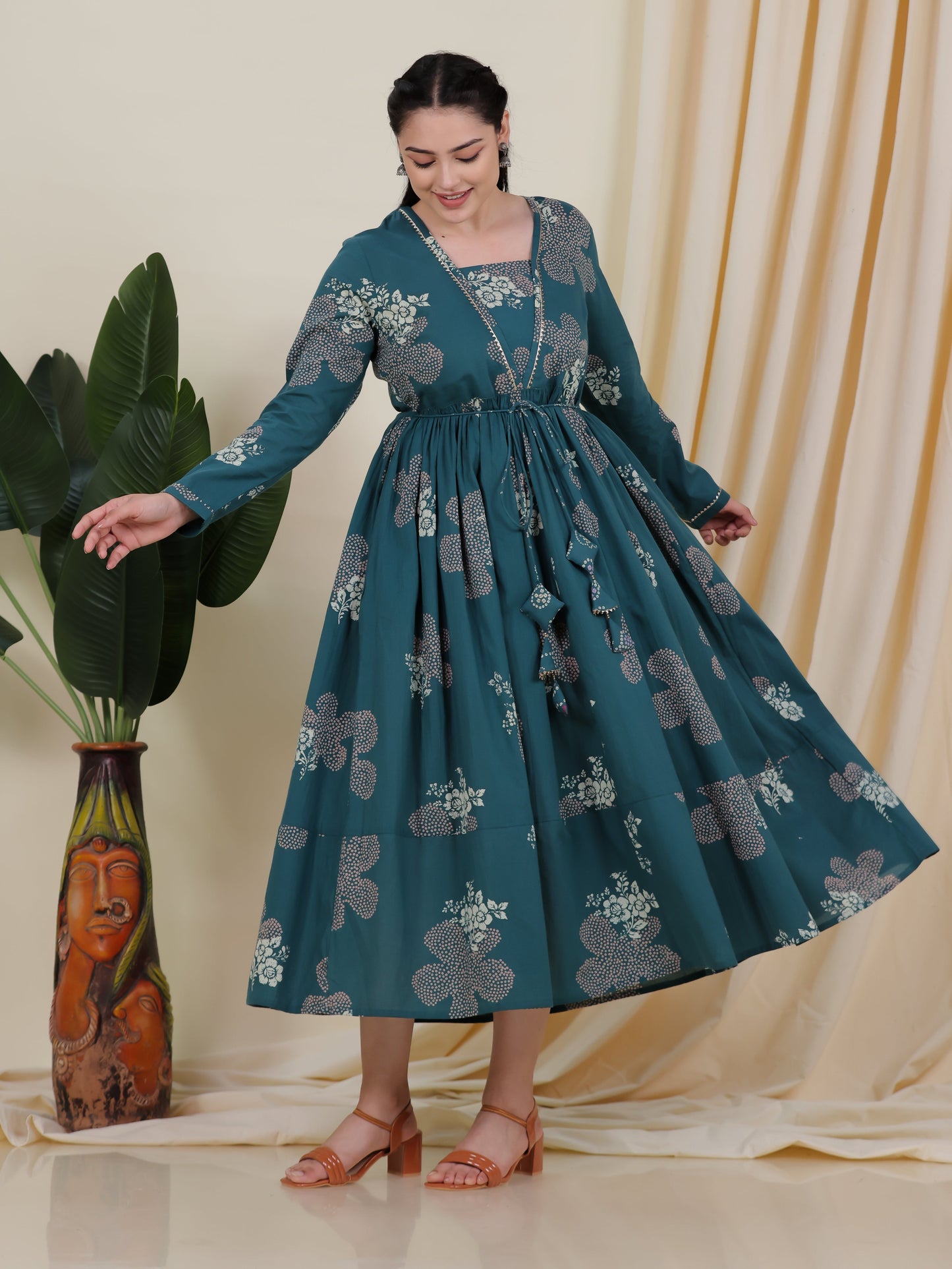 Soft Cotton Bandhani Anarkali Green Dress