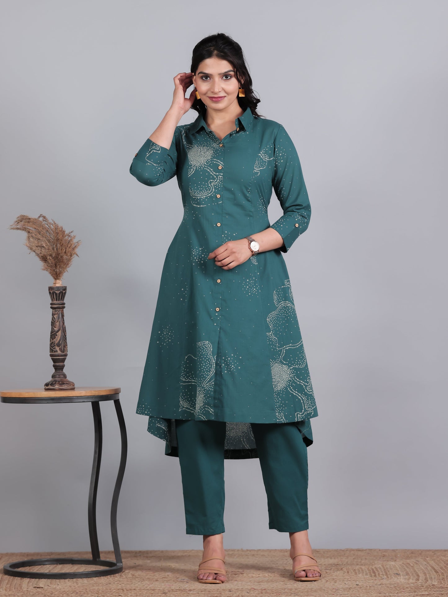 Soft Cotton Bandhani High Low Teal Kurta