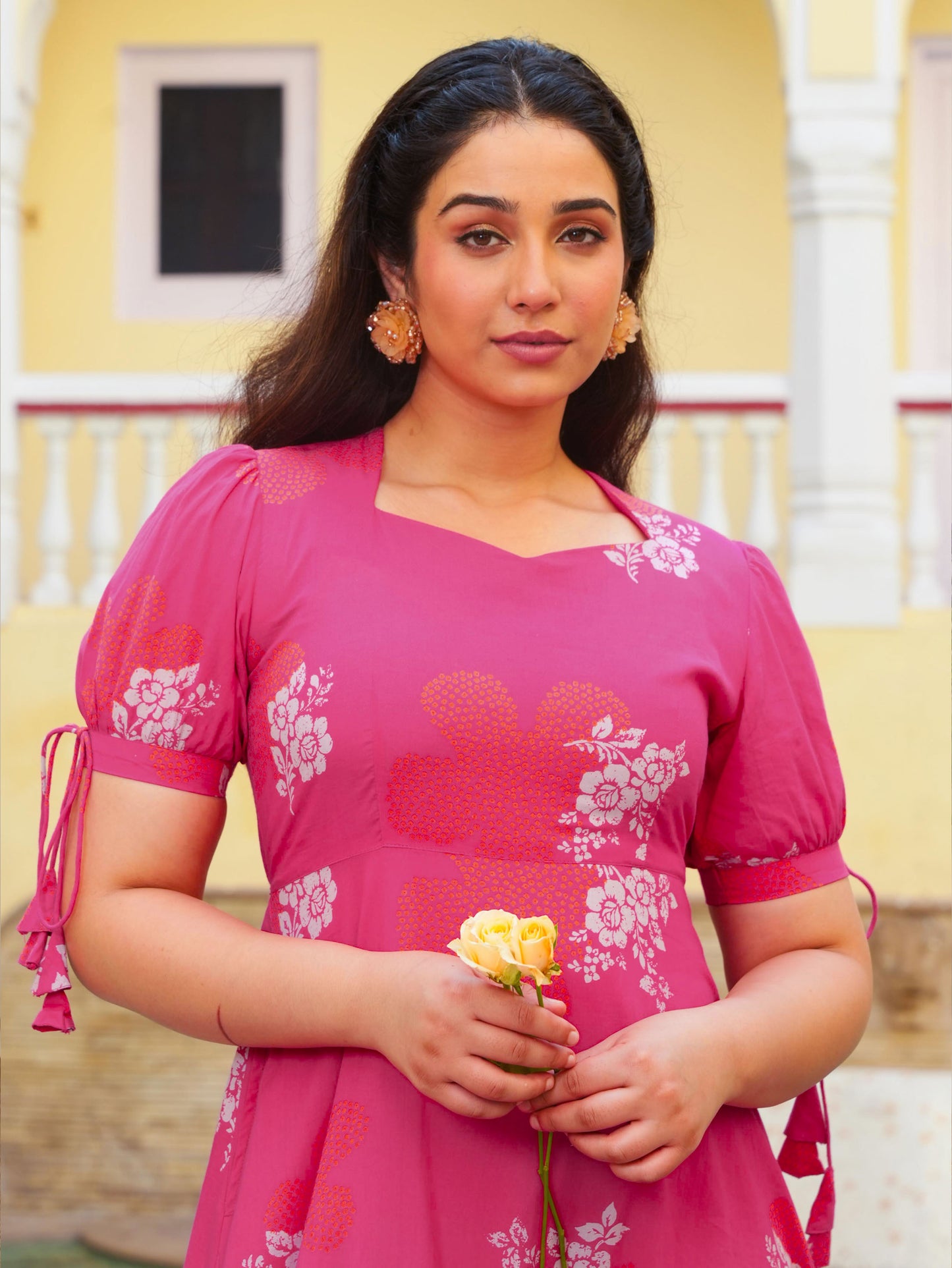 Soft Cotton Bandhani Flared Pink Dress