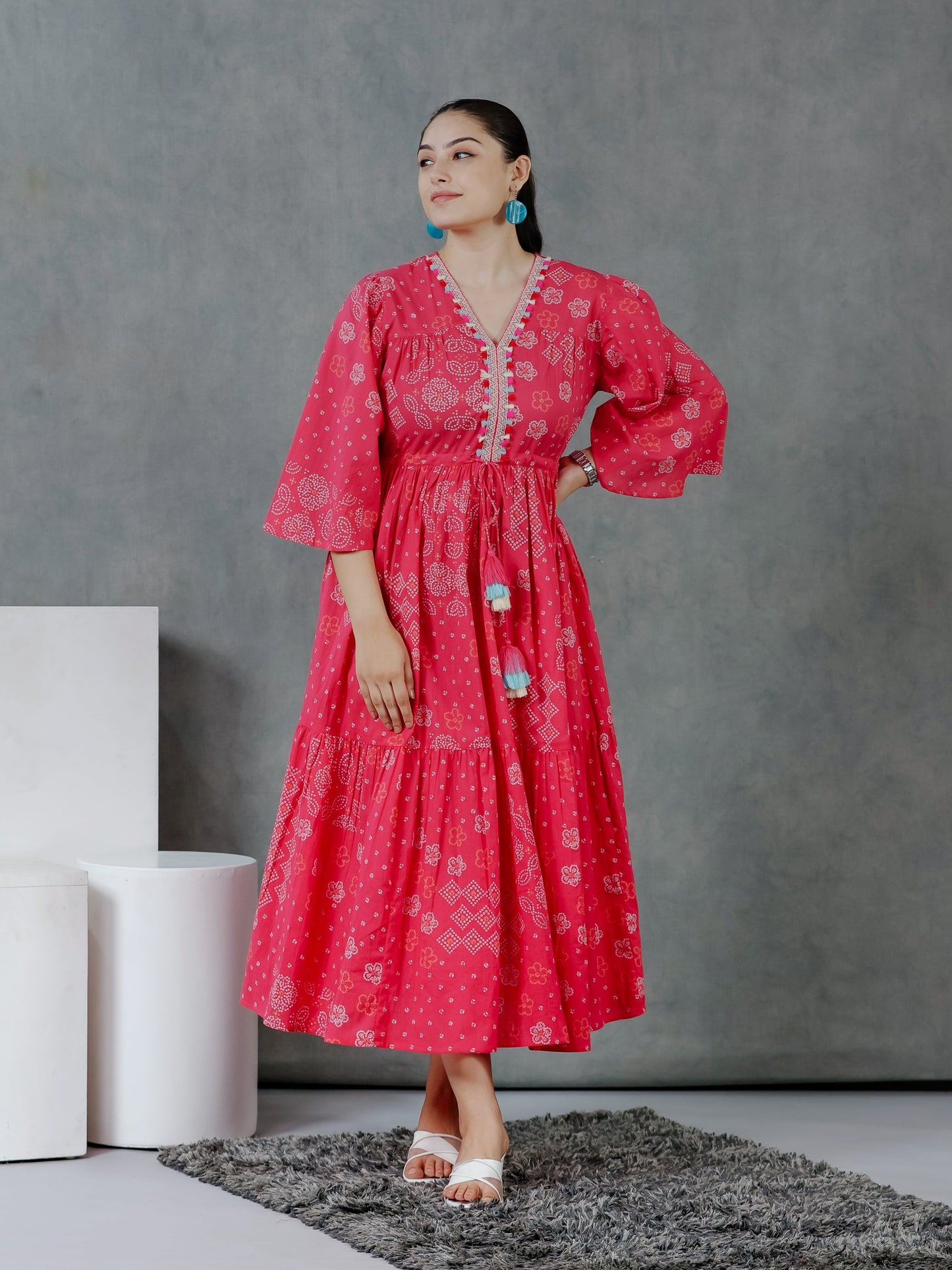 Soft Cotton Bandhani Gathered Pink Dress