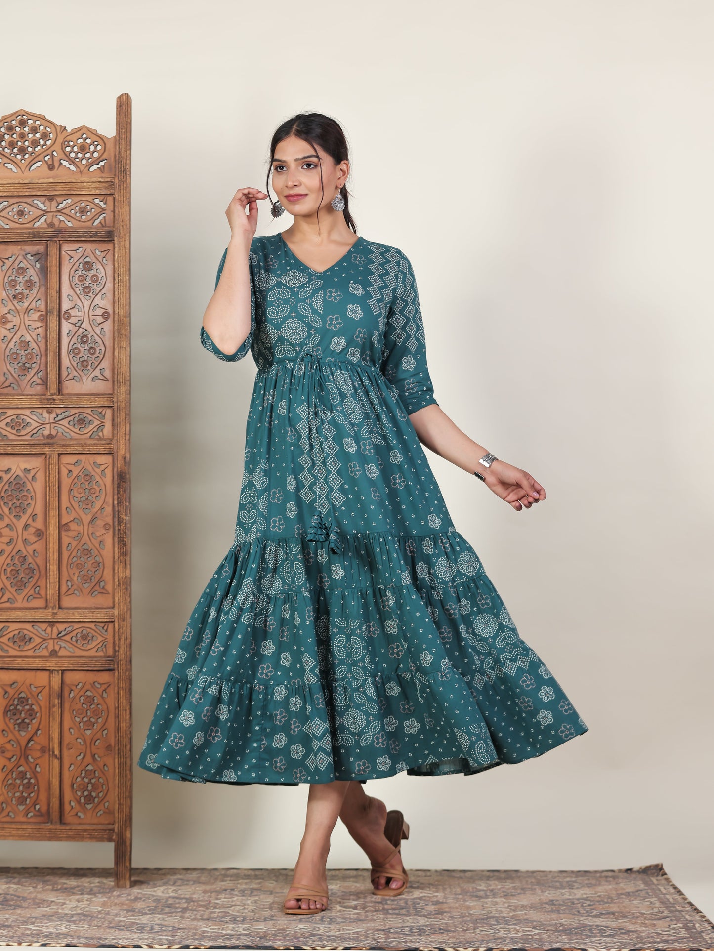 Soft Cotton Bandhani Anarkali Green Dress