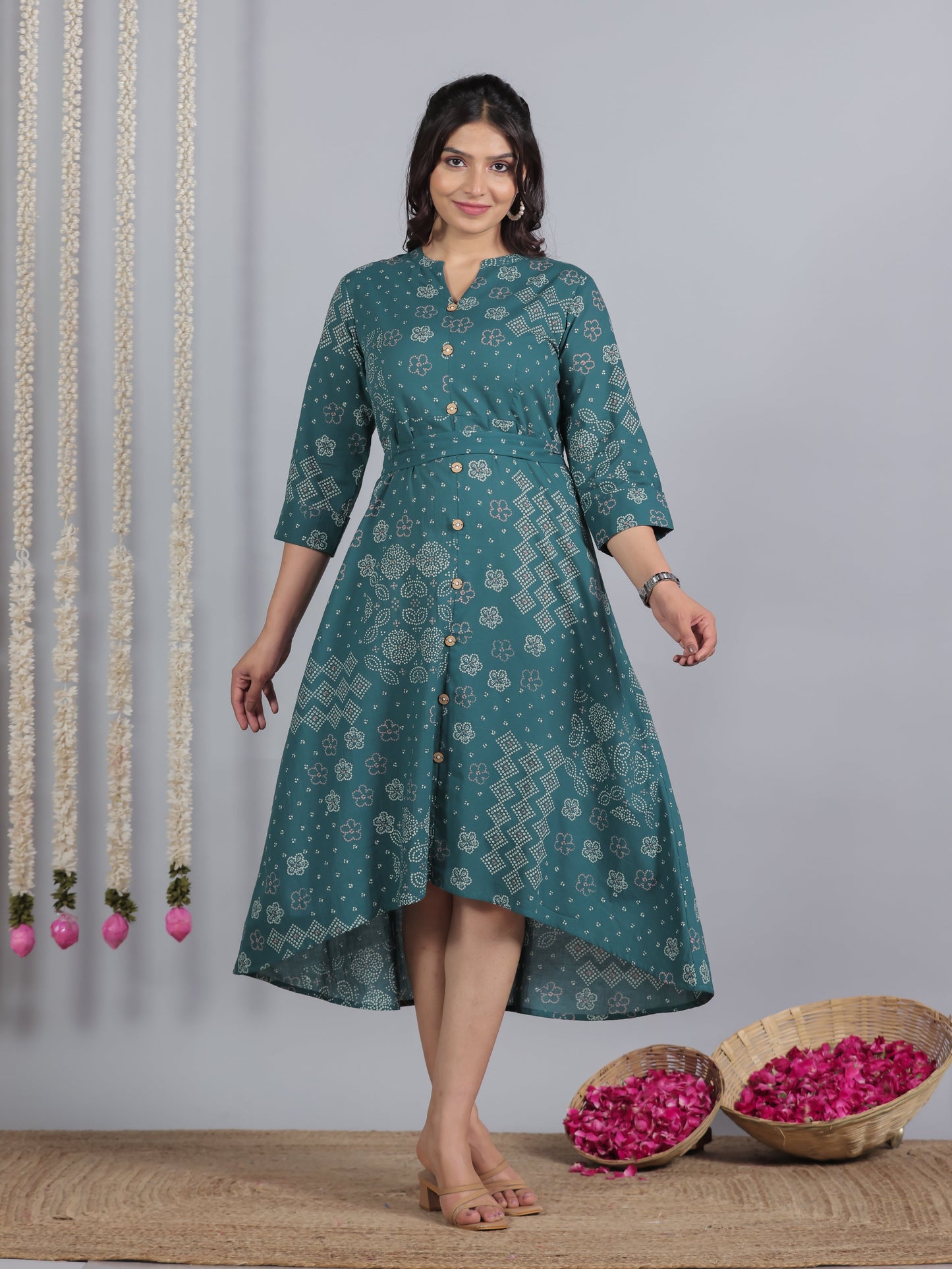Soft Cotton Bandhani High Low Teal Dress