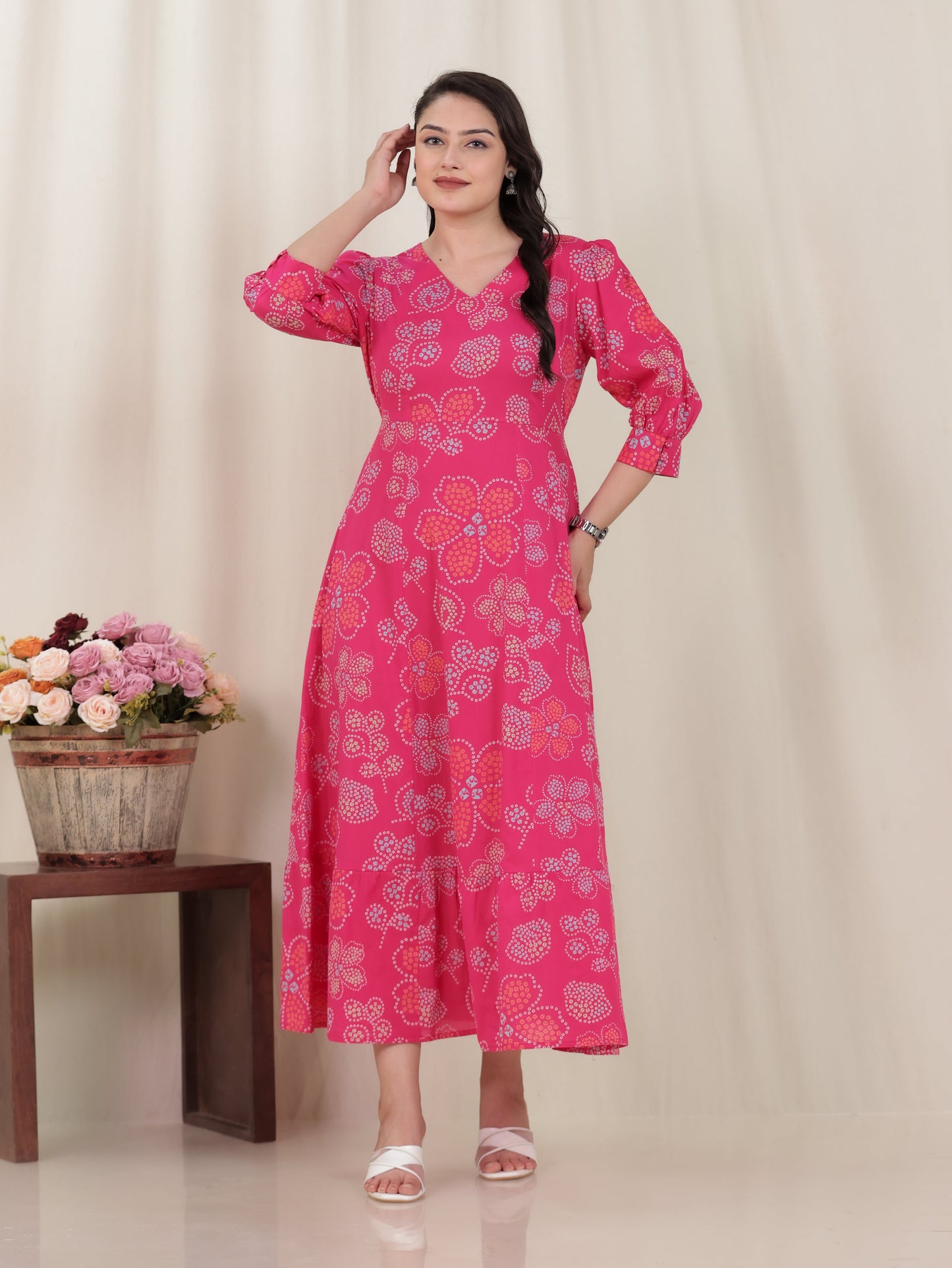 Soft Cotton Bandhani Anarkali Pink Dress