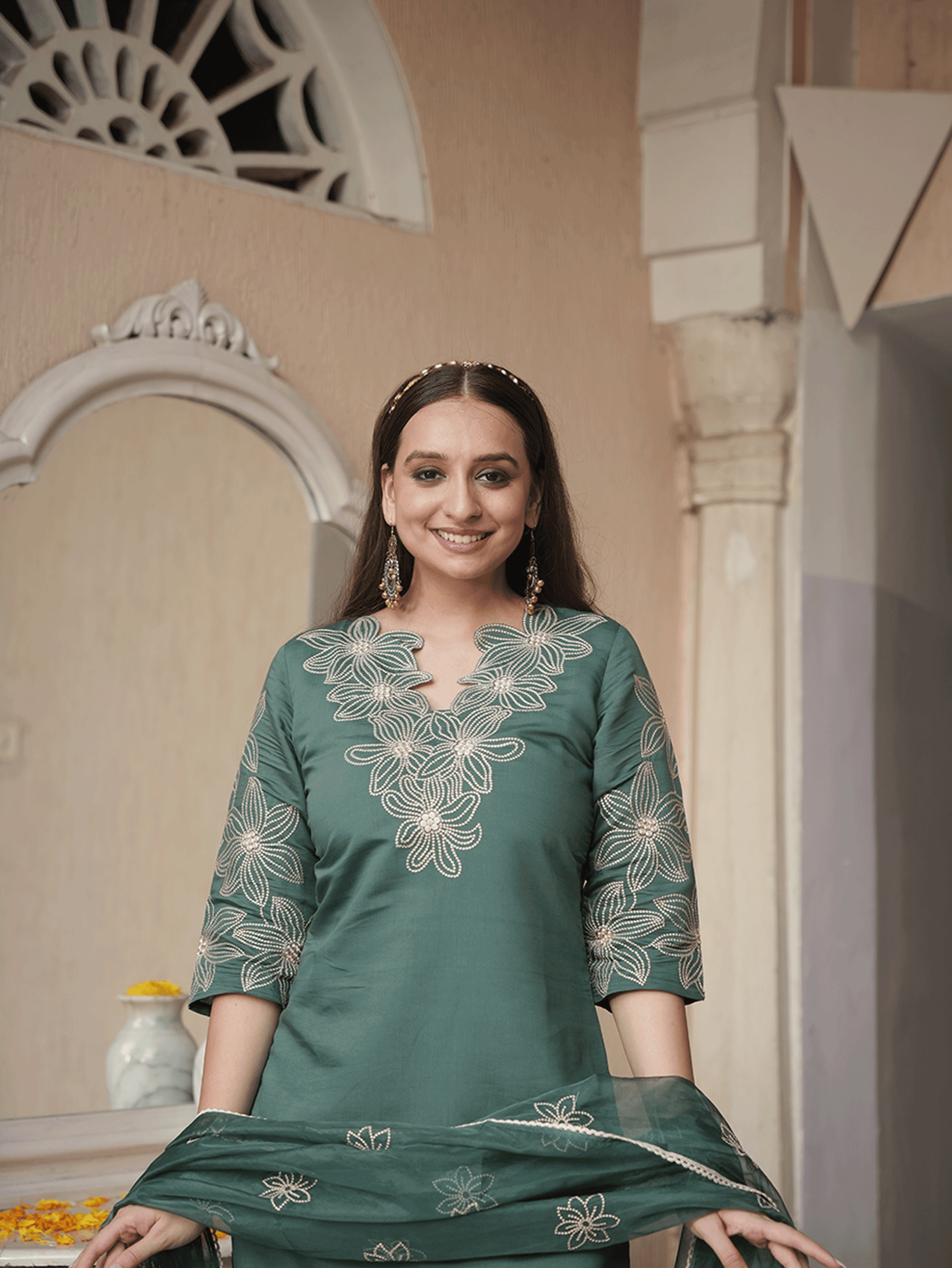 Embroidered Chanderi Solid Green Kurta