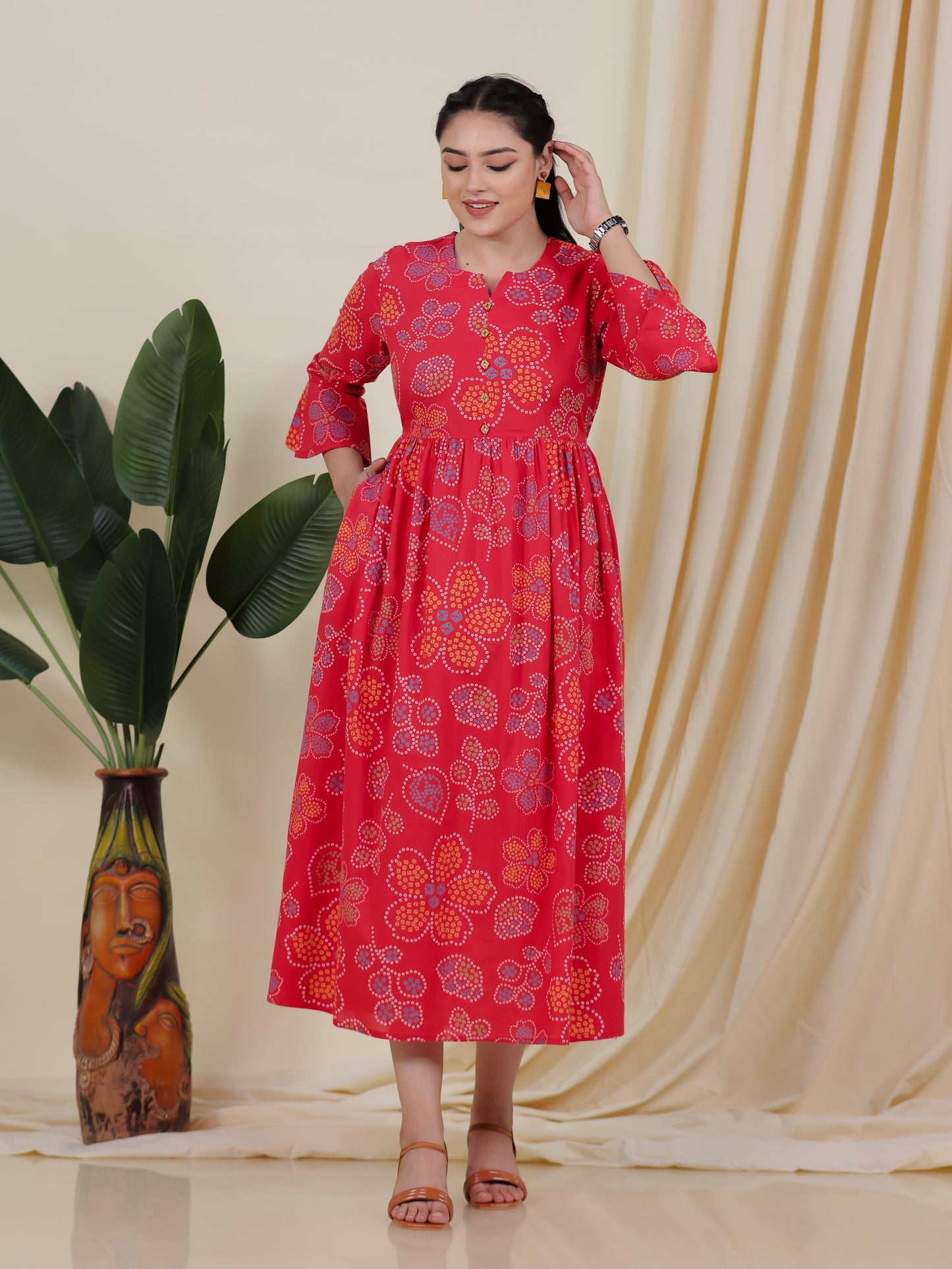 Soft Cotton Bandhani Anarkali Rust Dress
