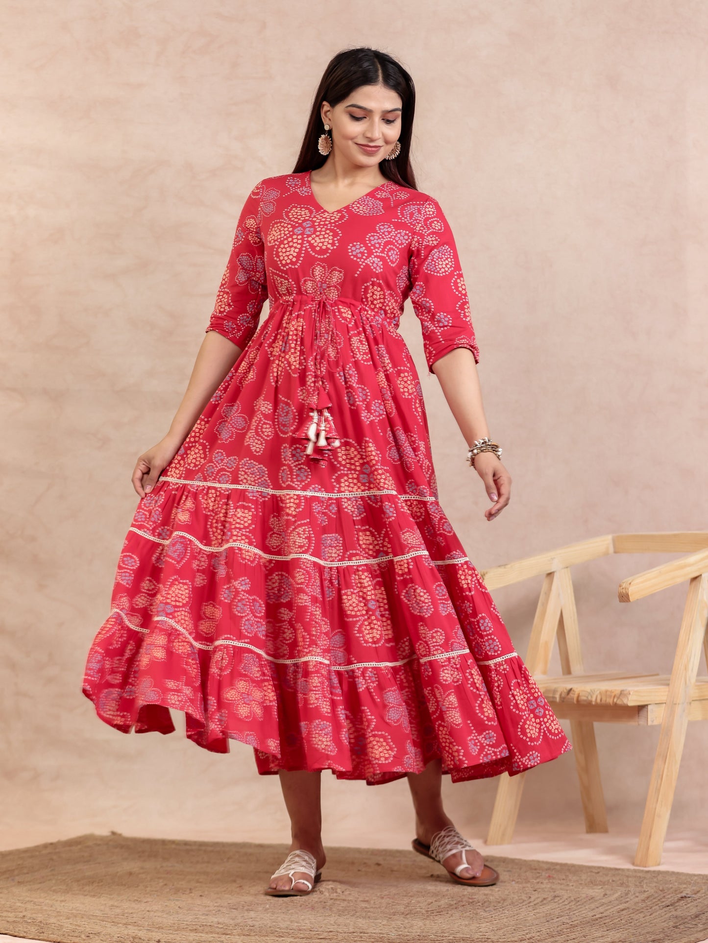 Soft Cotton Bandhani A-line Red Dress