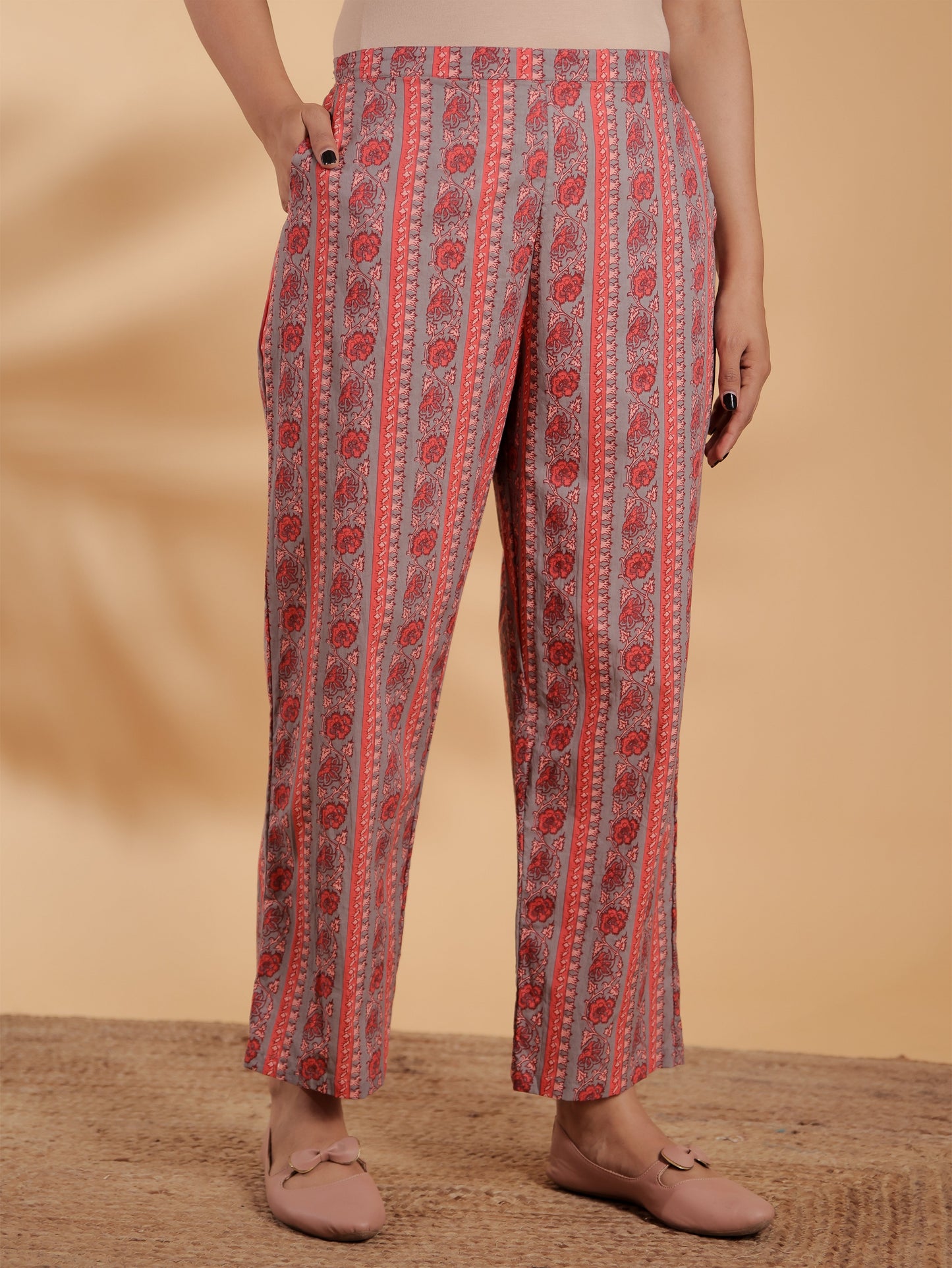 Soft Cotton Floral Grey Straight Trousers