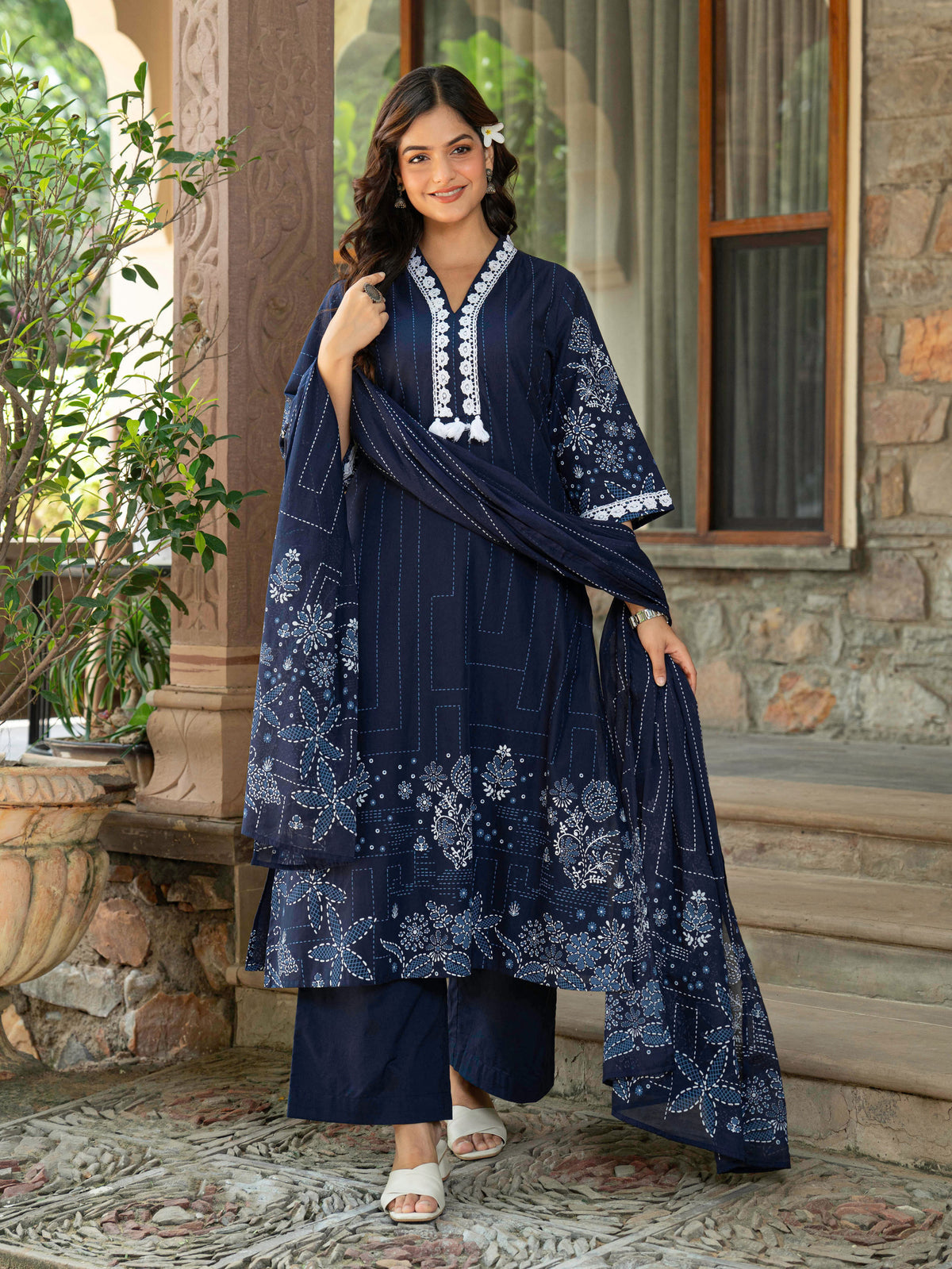 Soft Cotton Placement Print A-line Blue Kurta
