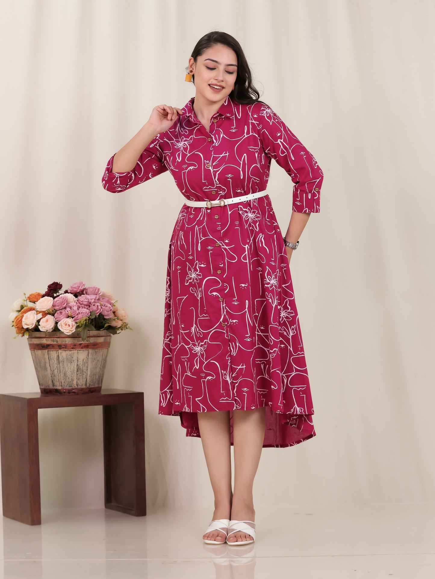 Soft Cotton Abstract Flared Pink Dress