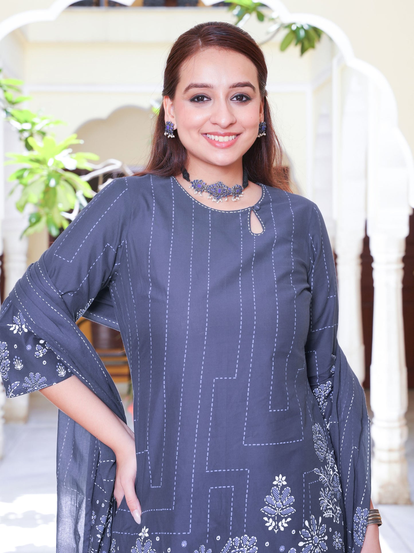 Embroidered Soft Cotton Placement Print Straight Blue Kurta
