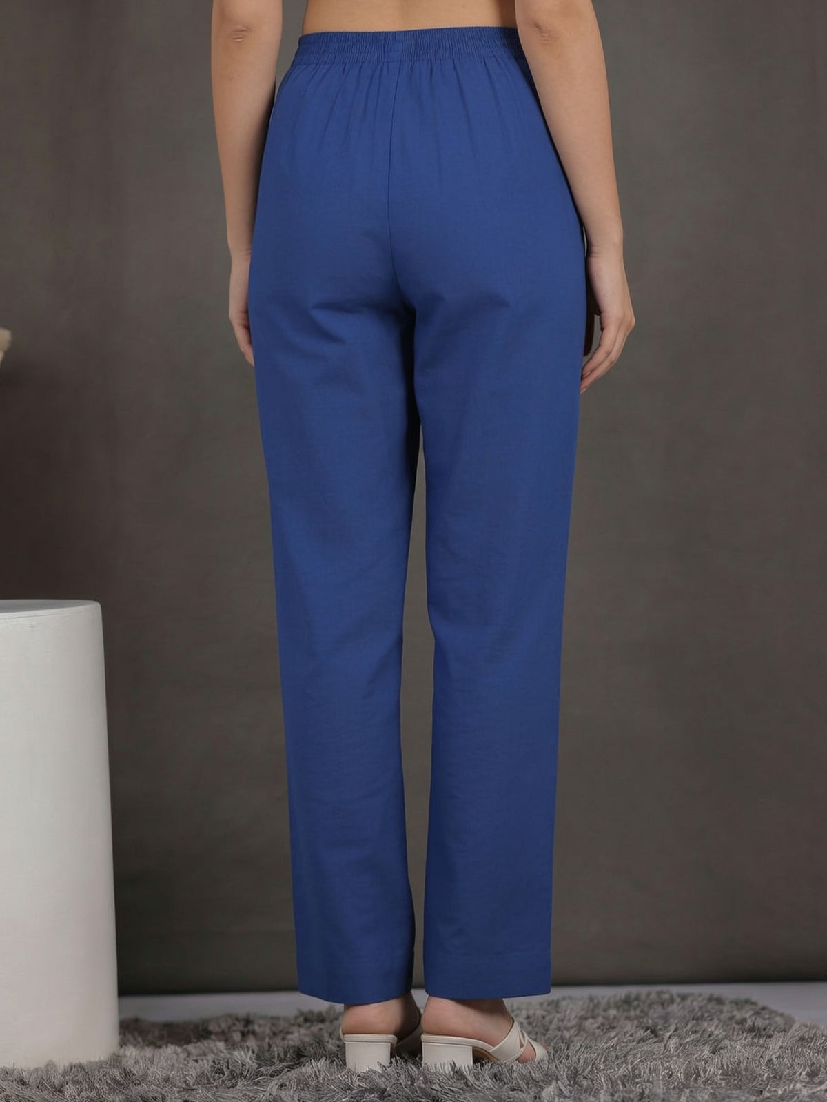 Soft Cotton Solid Blue Straight Trousers