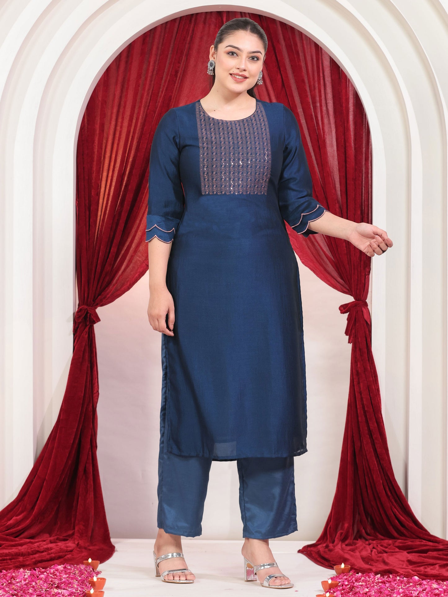 Embroidered Blended Silk Solid Straight Blue Kurta