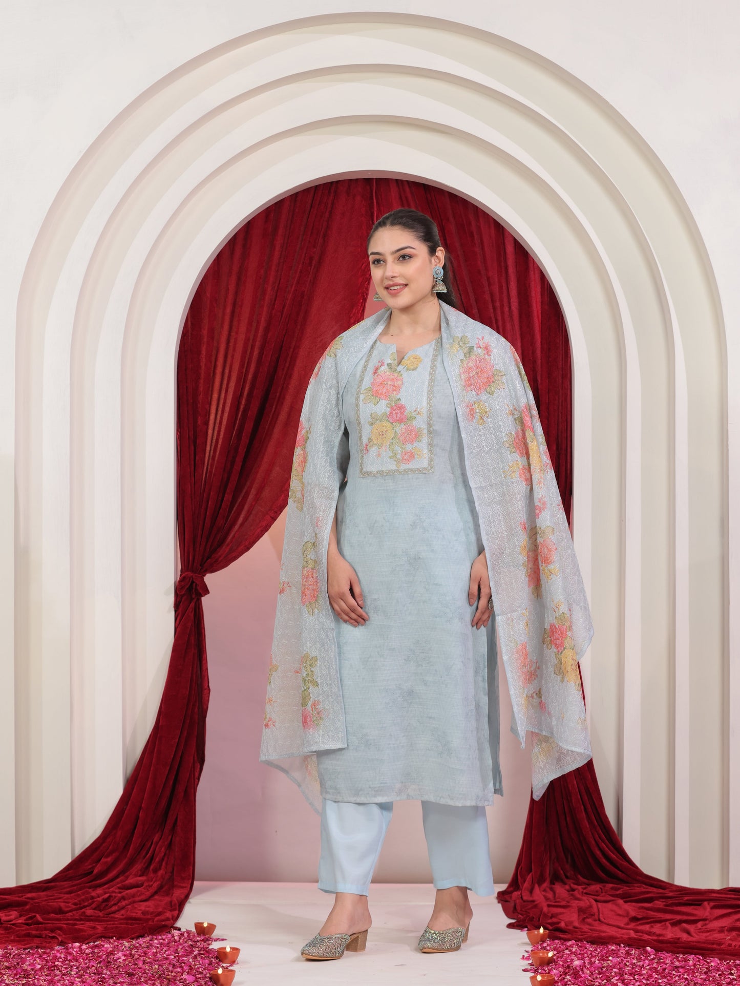 Chanderi Floral Blue Dupatta