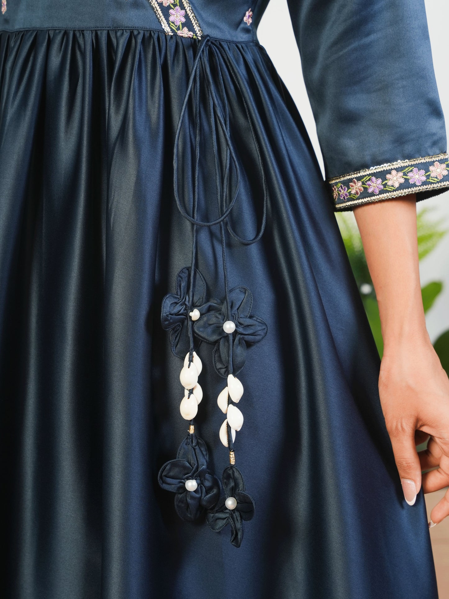 Embroidered Satin Solid Angrakha Navy Blue Kurta