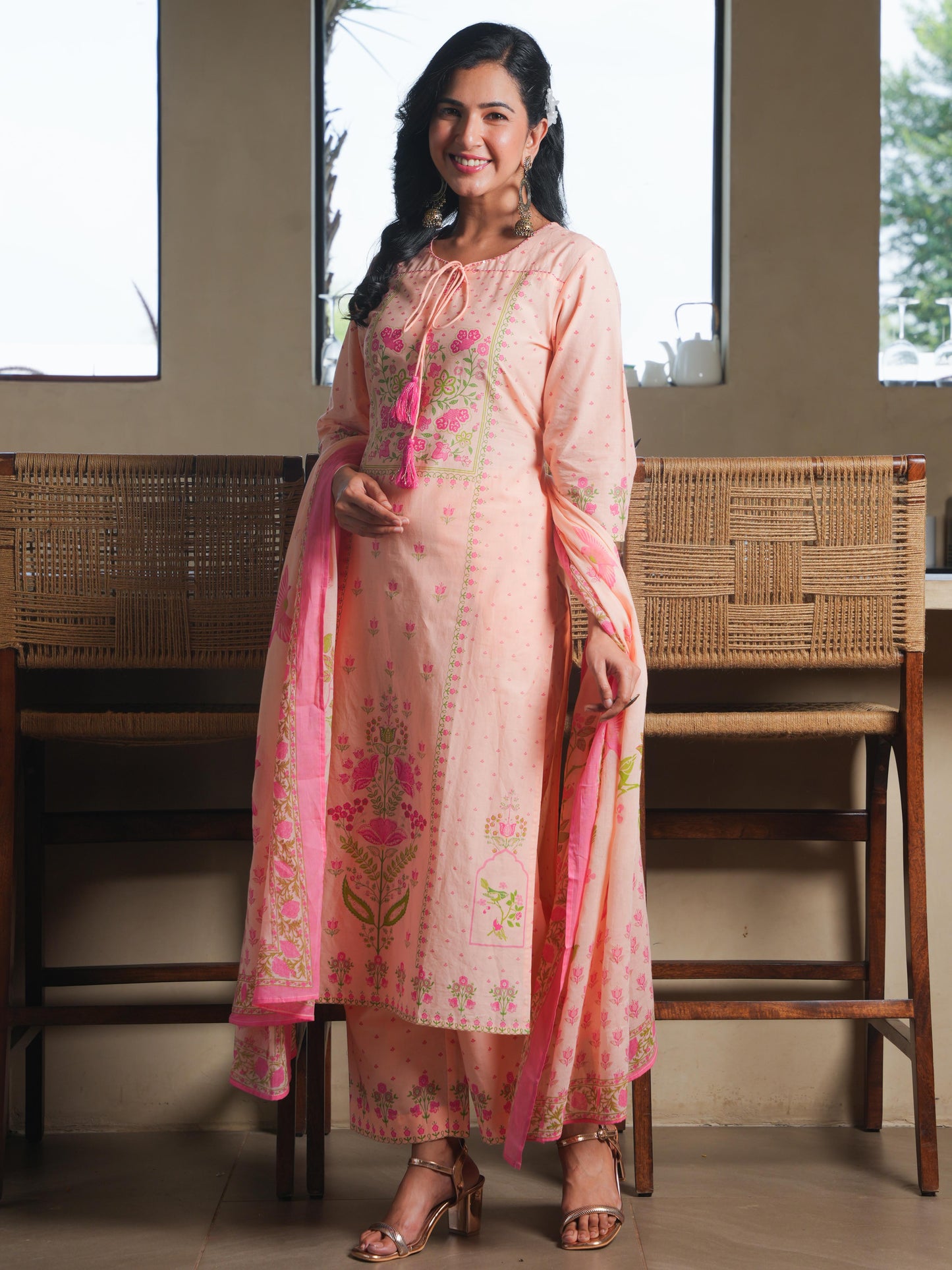 Cotton Voile Floral Peach Dupatta