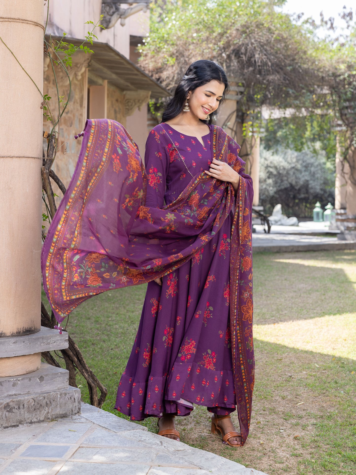 Cotton Voile Floral Maroon Dupatta