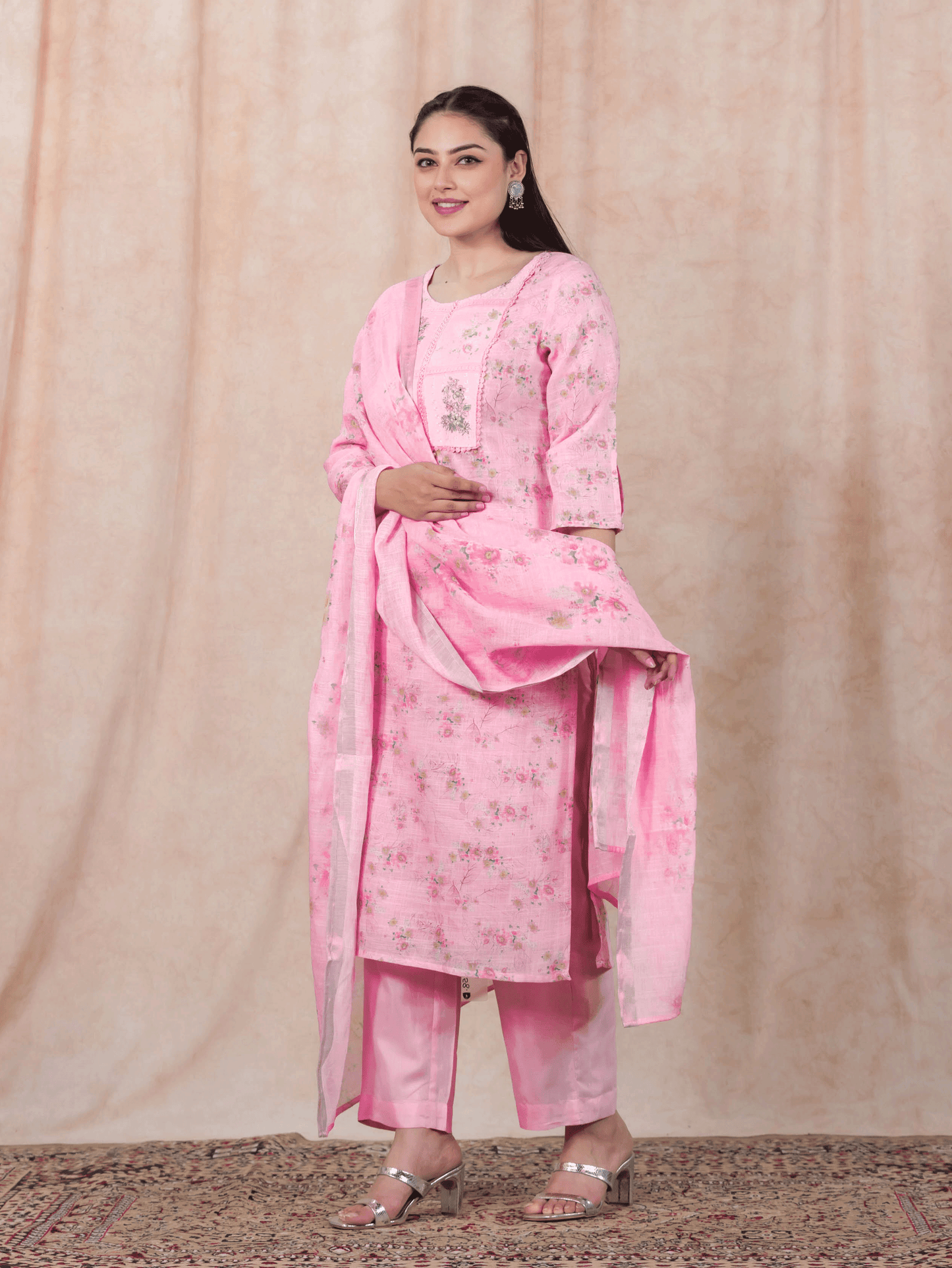 Chanderi Floral Straight Baby Pink Kurta