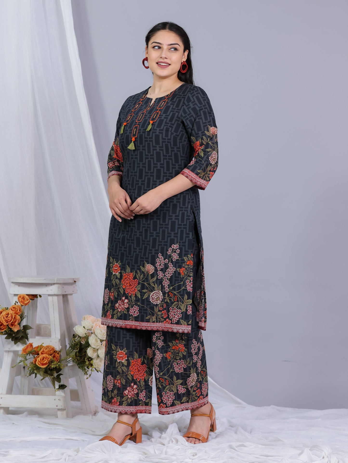 Embroidered Soft Cotton Placement Print Straight Black Kurta