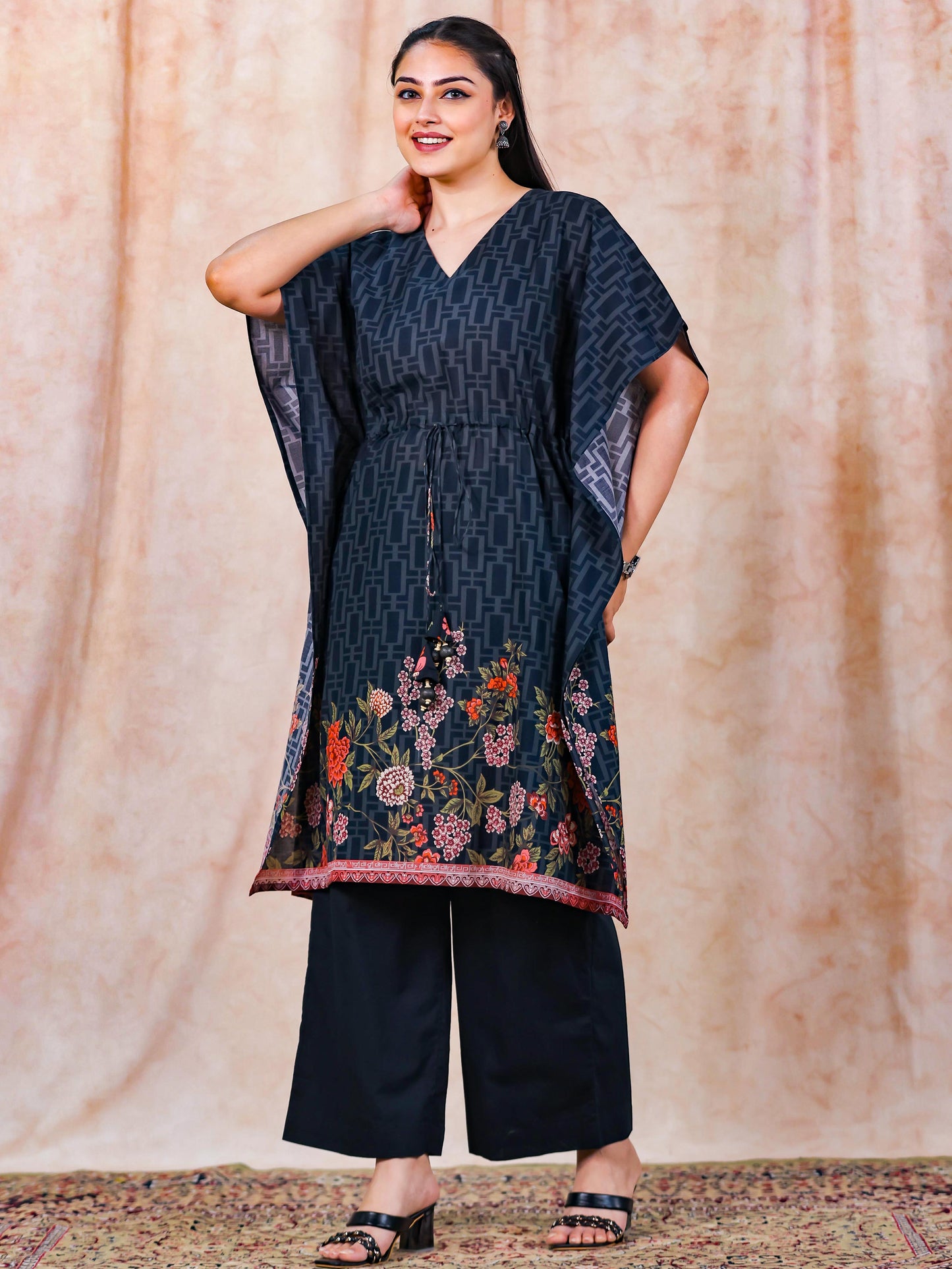 Soft Cotton Placement Print Kaftan Black Kurta