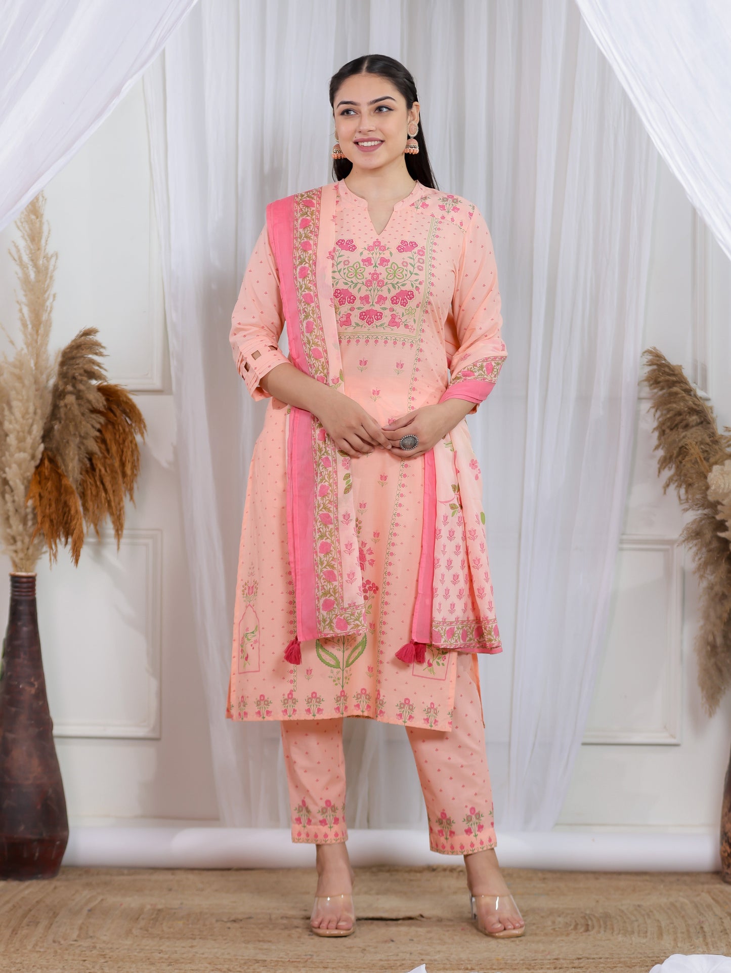 Cotton Voile Floral Peach Dupatta